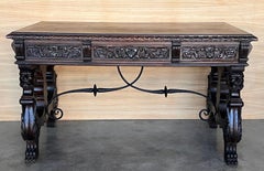 Mesa de biblioteca o escritorio de roble de dos caras de estilo barroco español del siglo XIX