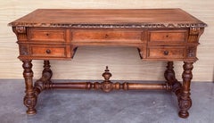 19th Century Spanish Two Faces Baroque Style Oak Library Table or Desk