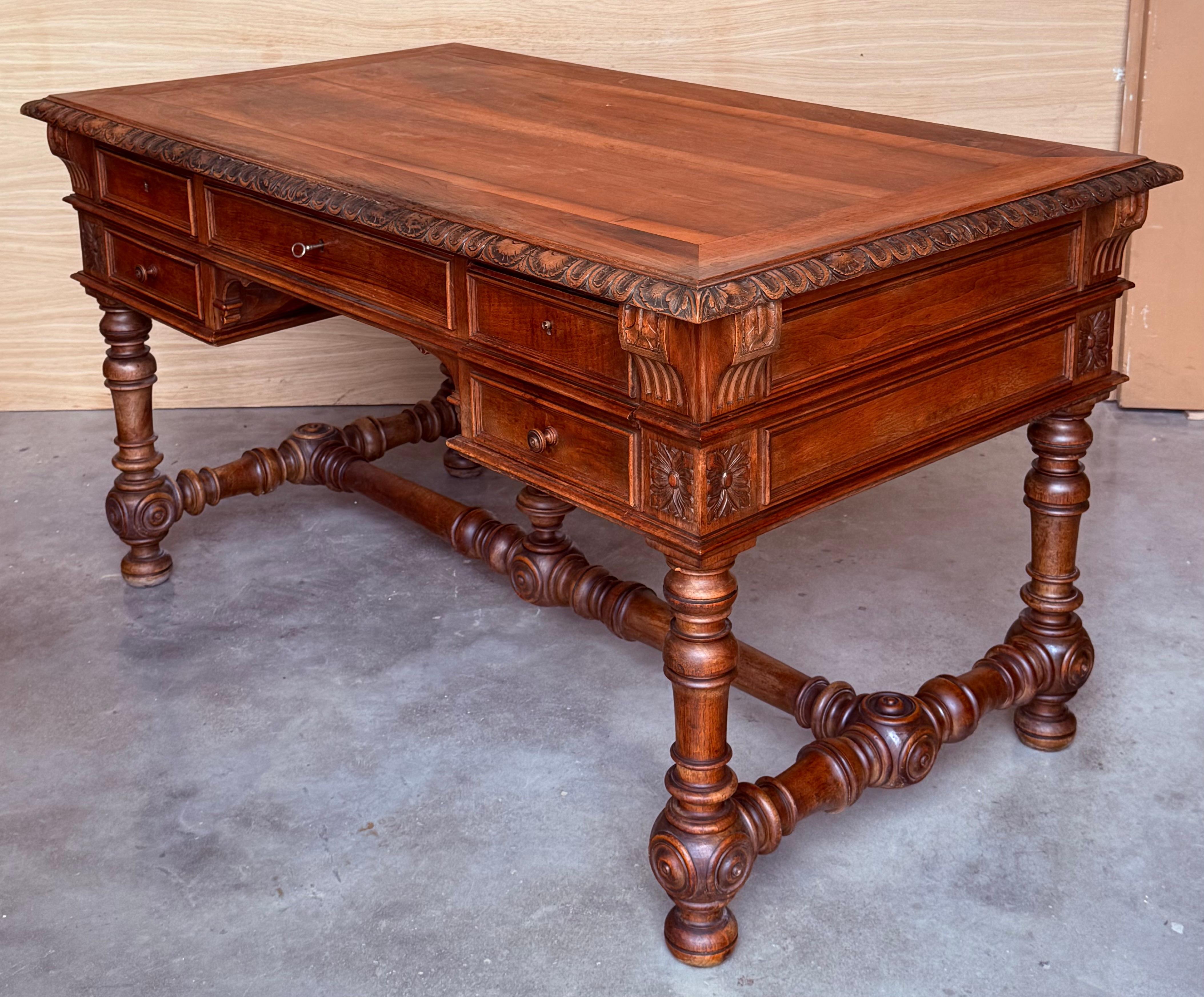Renaissance 19th Century Spanish Two Faces Baroque Style Oak Library Table or Desk For Sale