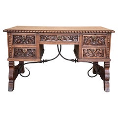 19th Century Spanish Two Faces Baroque Style Oak Library Table or Desk