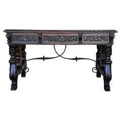 19th Century Spanish Two Faces Baroque Style Oak Library Table or Desk