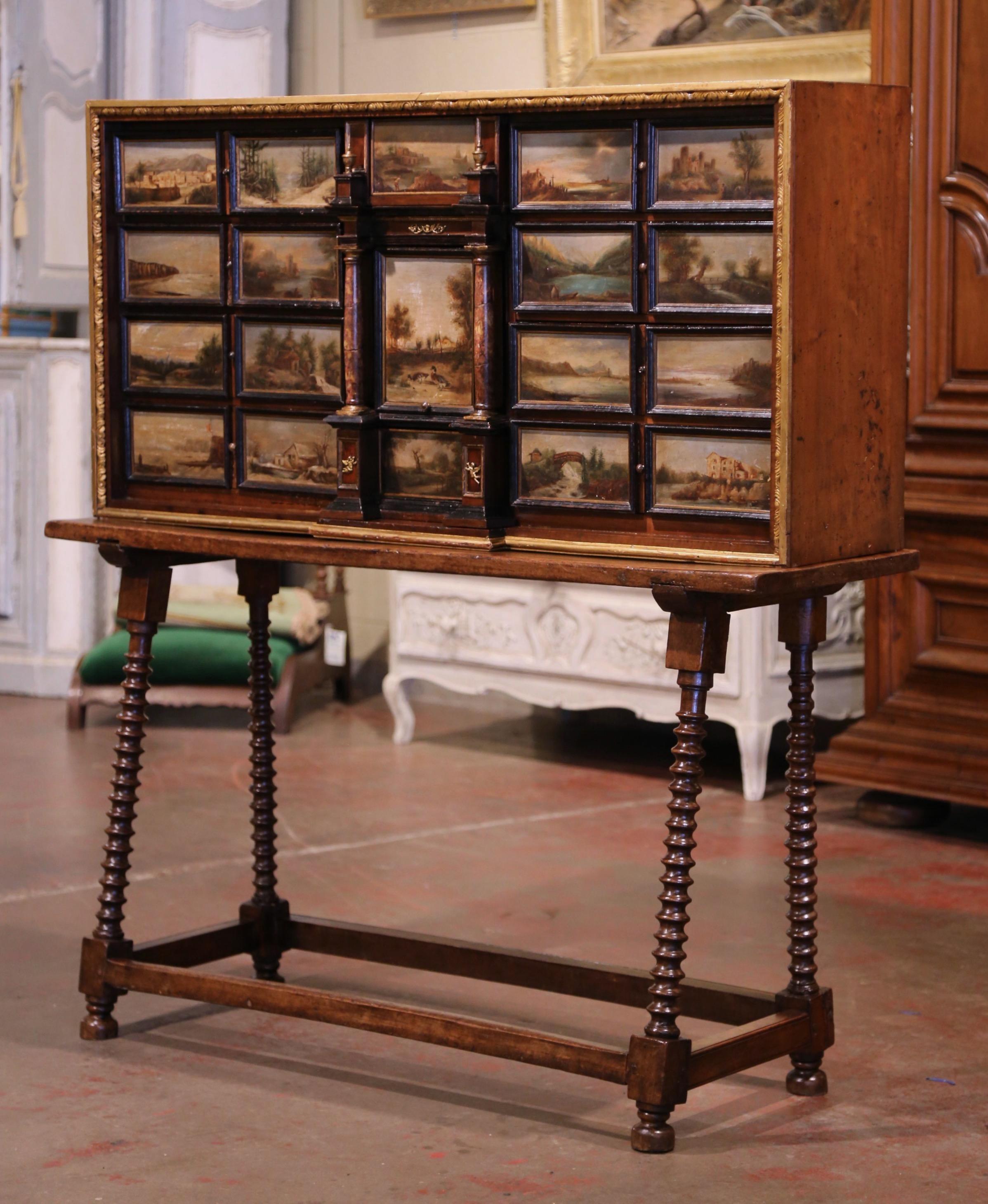 19th Century Spanish Walnut Bargueño on Stand with Hand Painted Landscape Scenes 5