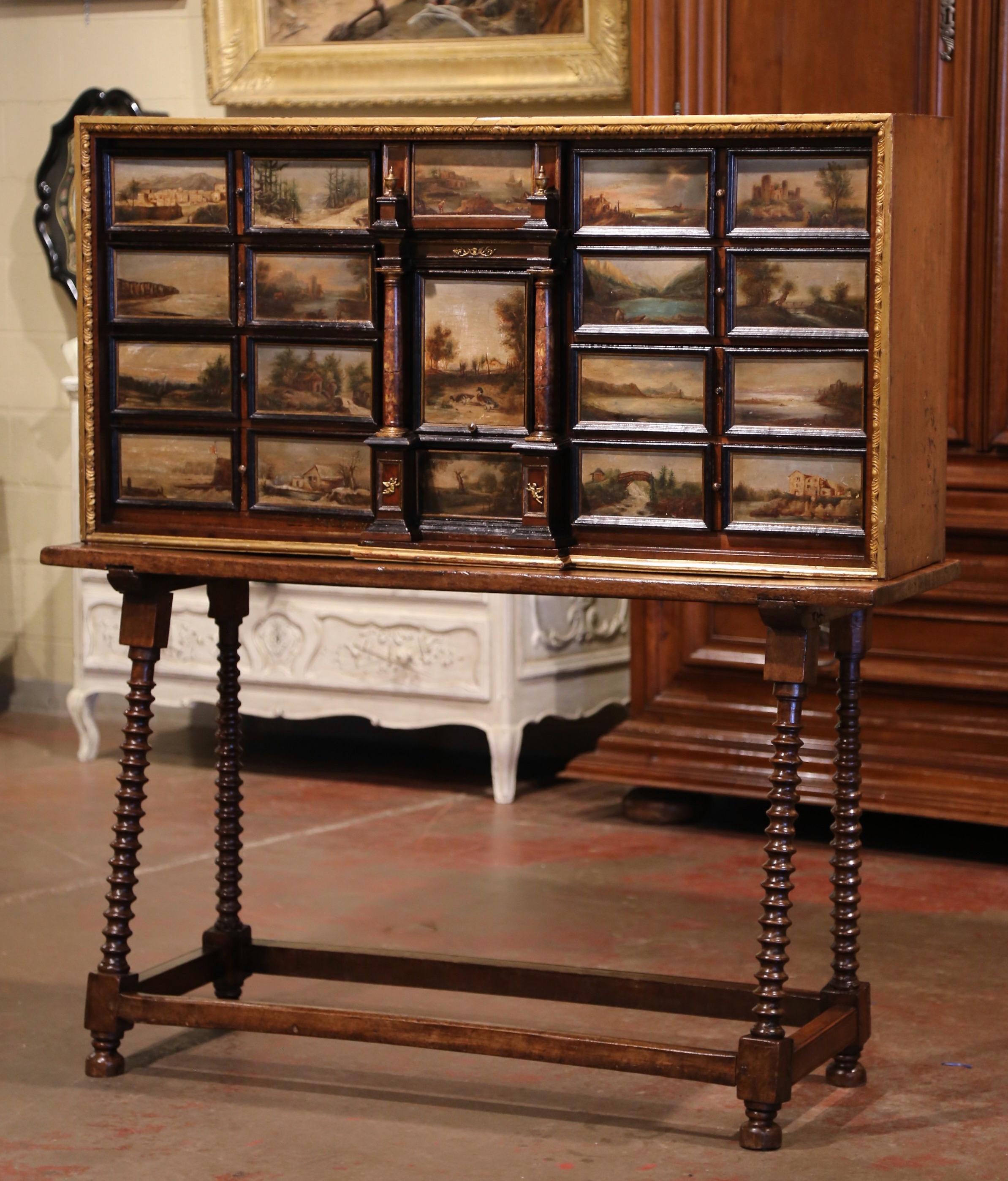 Hand-Painted 19th Century Spanish Walnut Bargueño on Stand with Hand Painted Landscape Scenes