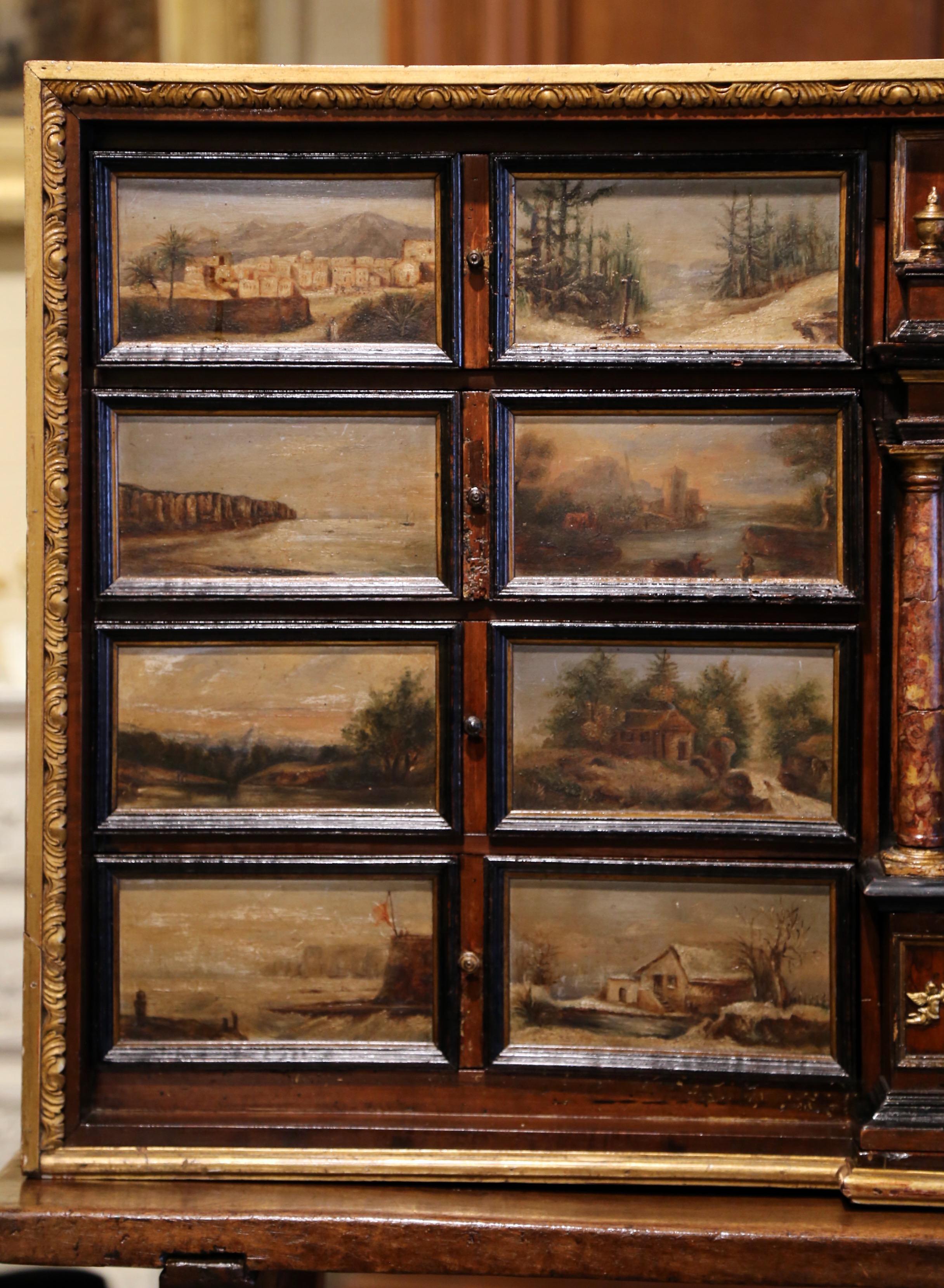 19th Century Spanish Walnut Bargueño on Stand with Hand Painted Landscape Scenes In Excellent Condition In Dallas, TX