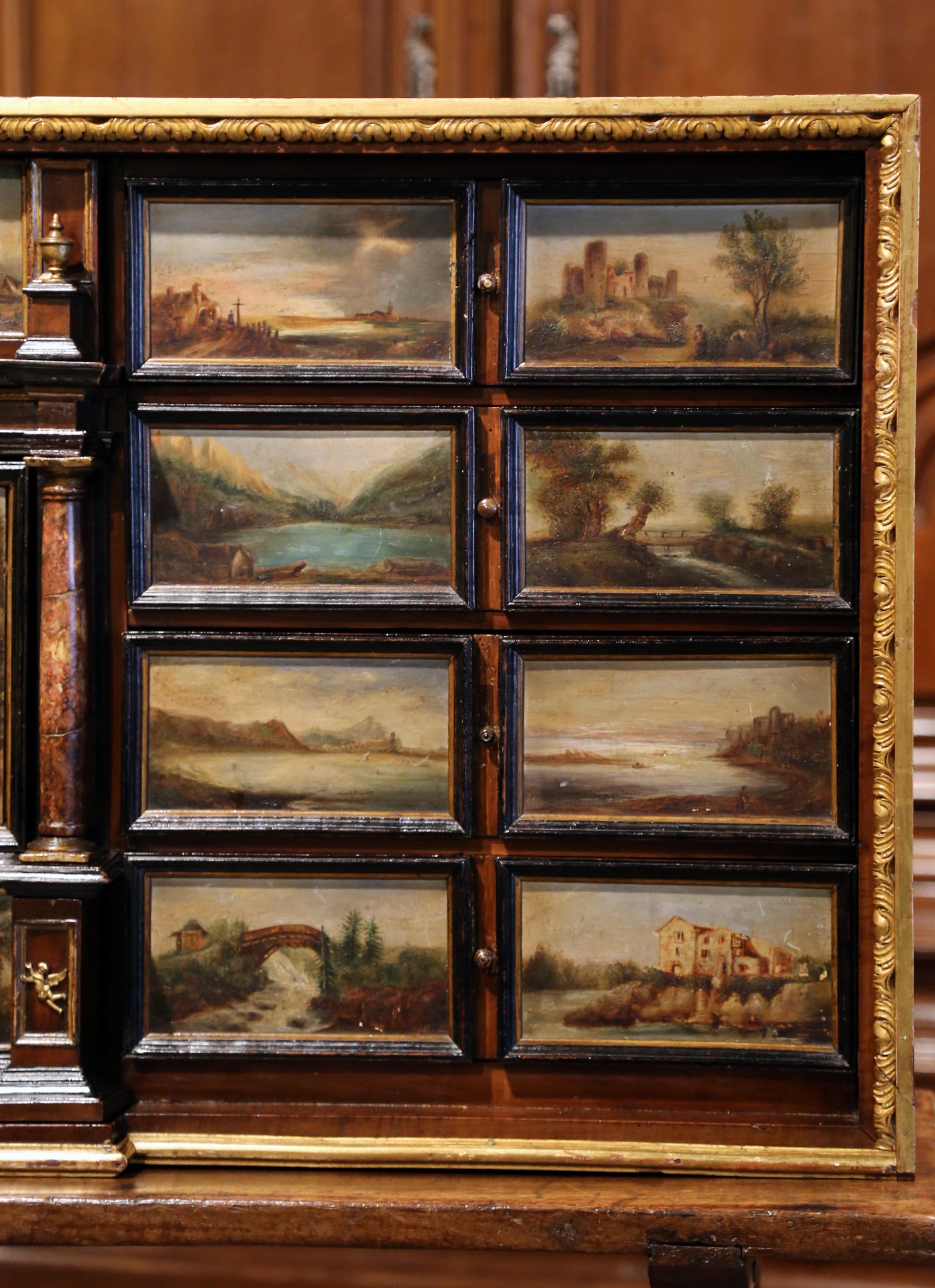 19th Century Spanish Walnut Bargueño on Stand with Hand Painted Landscape Scenes 2