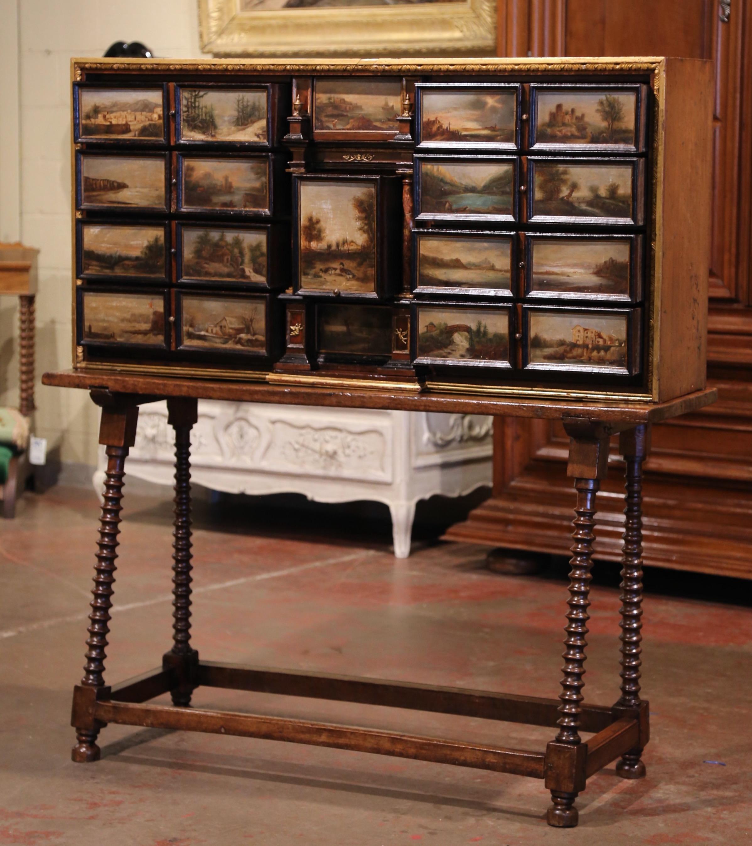 19th Century Spanish Walnut Bargueño on Stand with Hand Painted Landscape Scenes 3