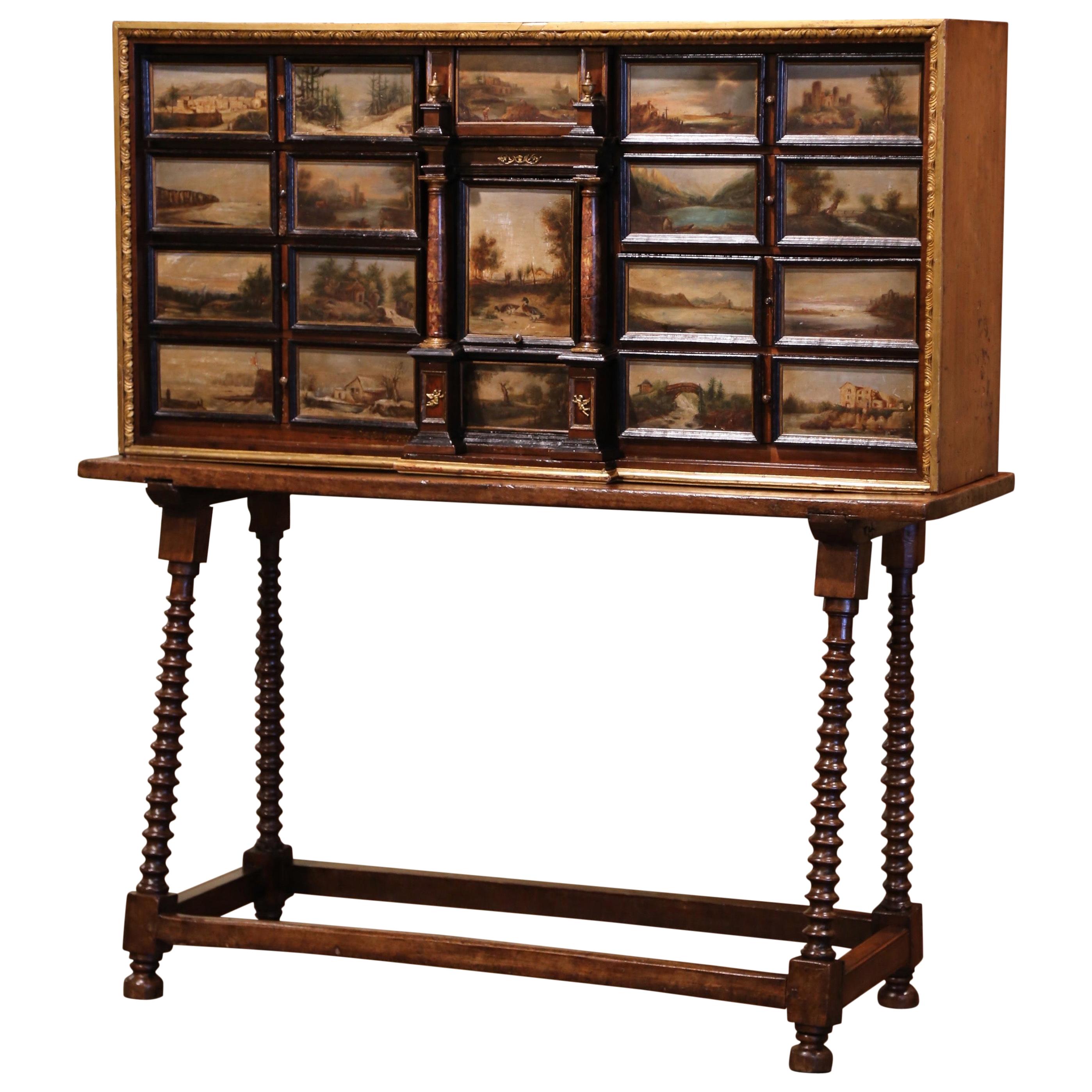 19th Century Spanish Walnut Bargueño on Stand with Hand Painted Landscape Scenes