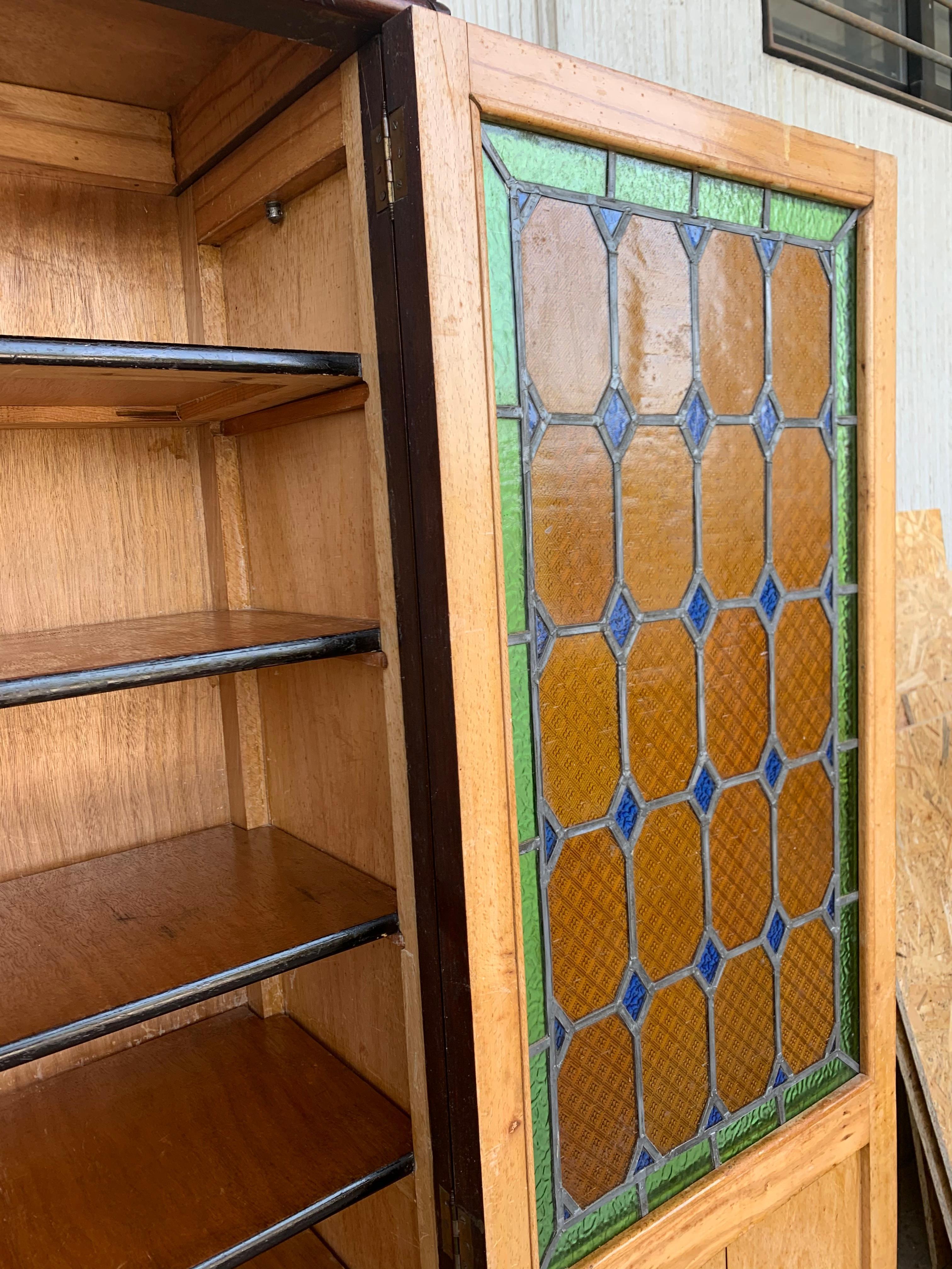 19th Century Spanish Walnut Cabinet or Bookcase with Stained Glass Doors 9