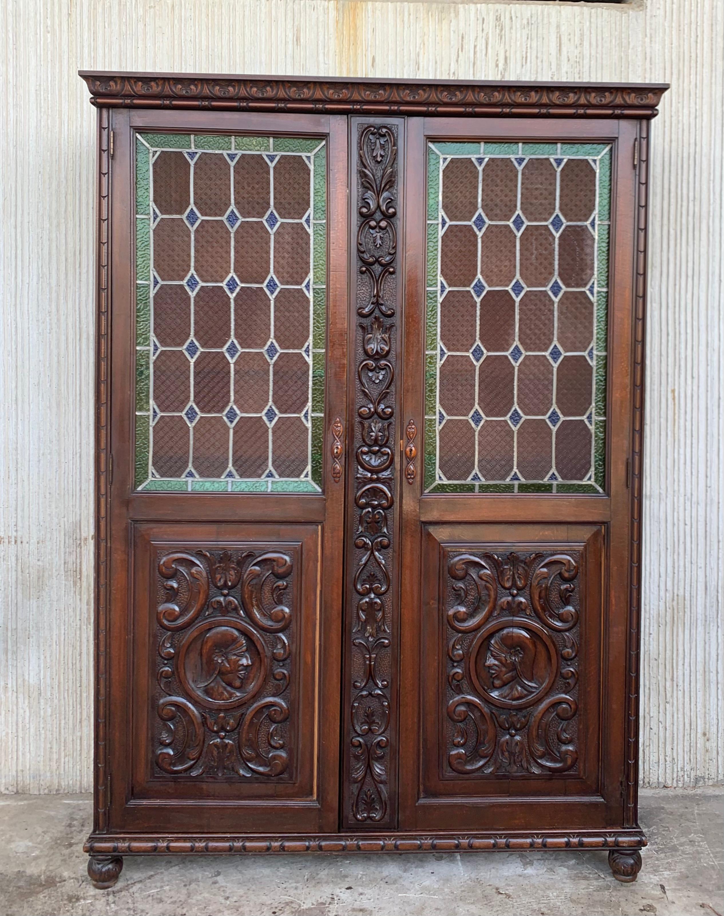 Baroque 19th Century Spanish Walnut Cabinet or Bookcase with Stained Glass Doors