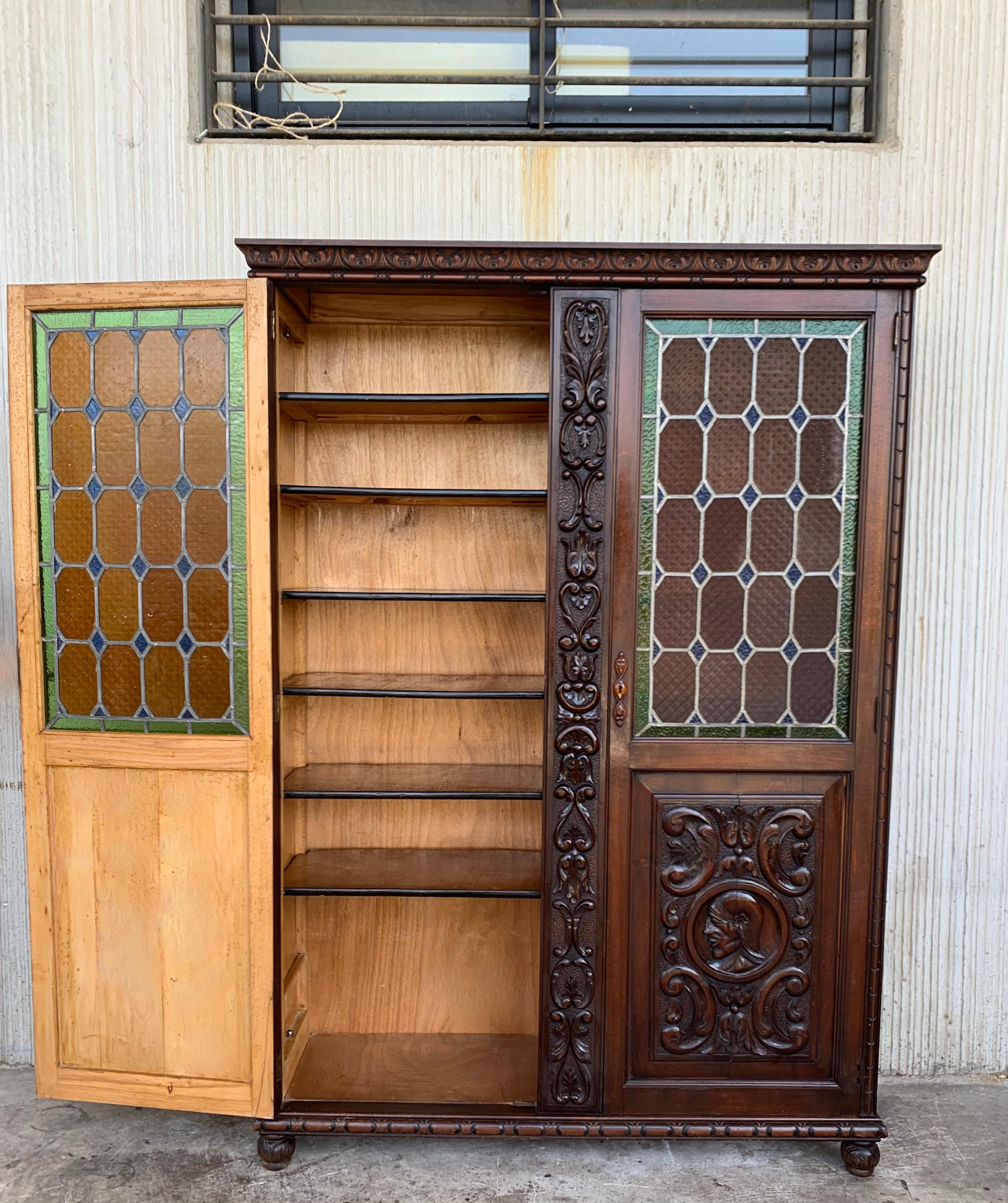 19th Century Spanish Walnut Cabinet or Bookcase with Stained Glass Doors 1