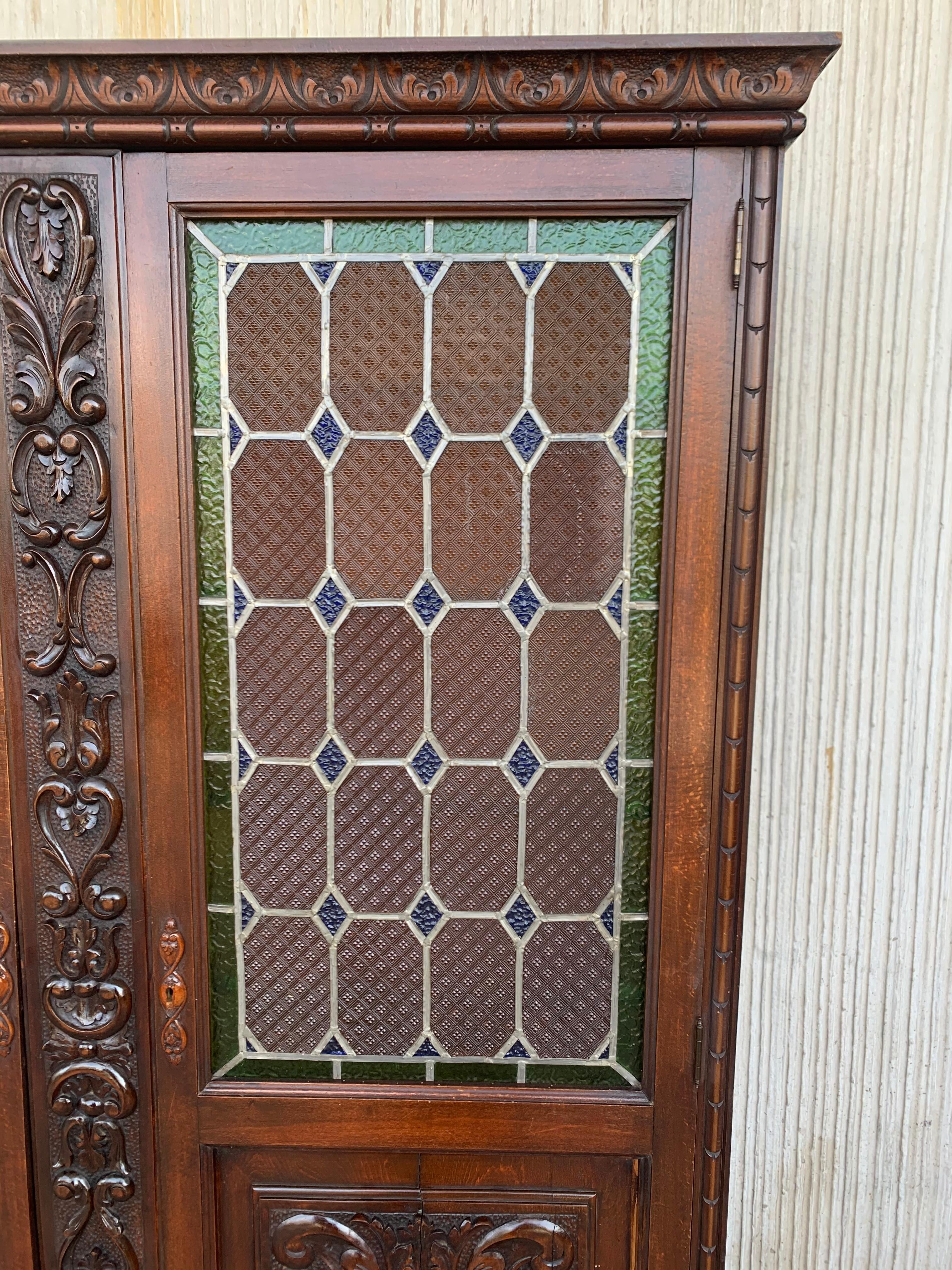 19th Century Spanish Walnut Cabinet or Bookcase with Stained Glass Doors 4