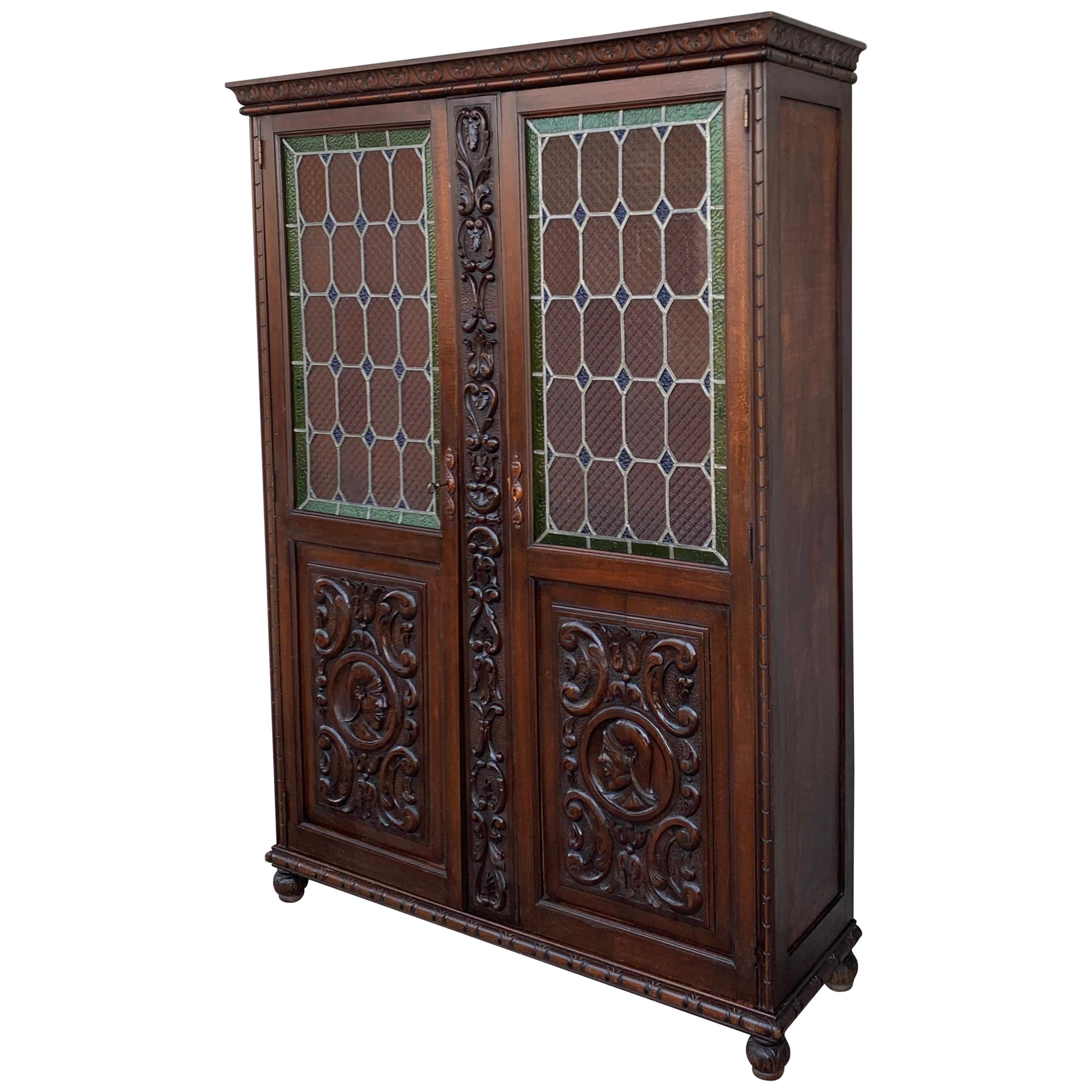 19th Century Spanish Walnut Cabinet or Bookcase with Stained Glass Doors