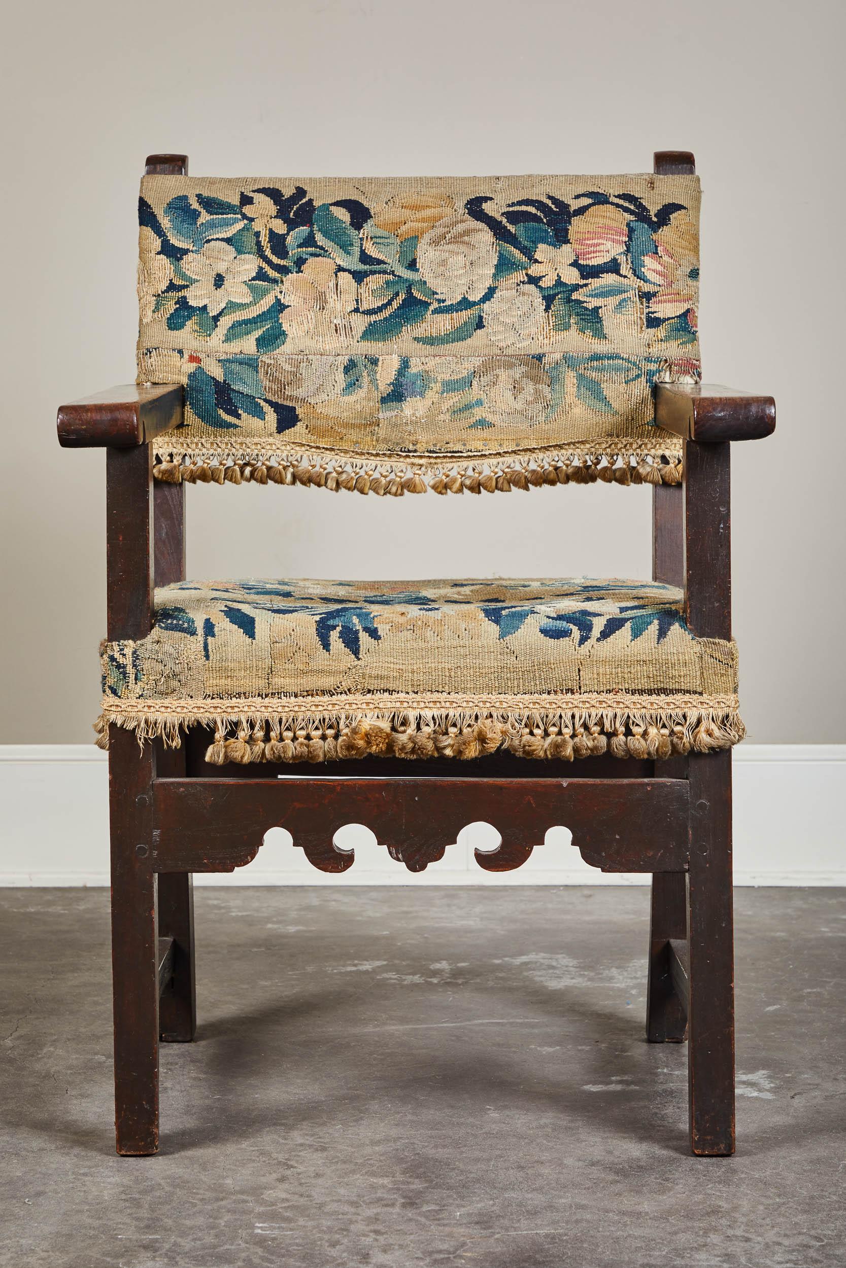 Baroque 19th Century Spanish Walnut Chair with Embroidered Upholstery