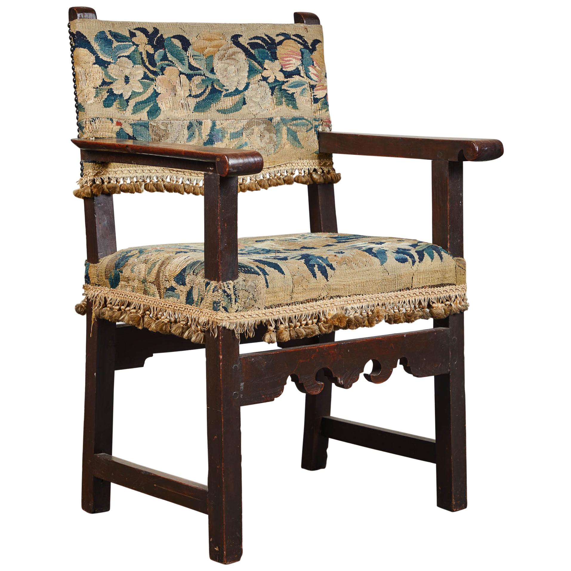 19th Century Spanish Walnut Chair with Embroidered Upholstery