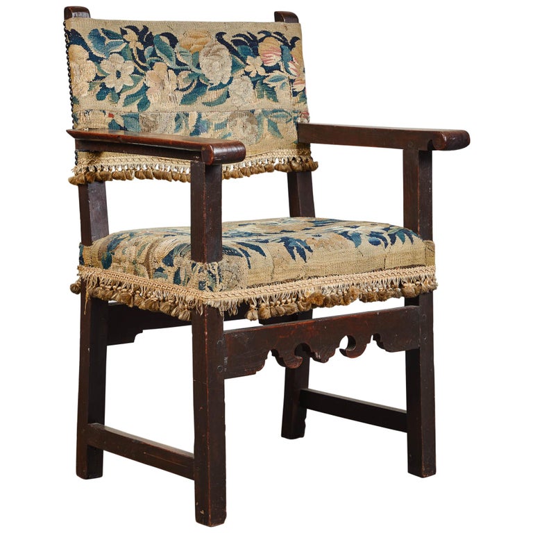 19th Century Spanish Walnut Chair with Embroidered Upholstery For Sale at 1stdibs