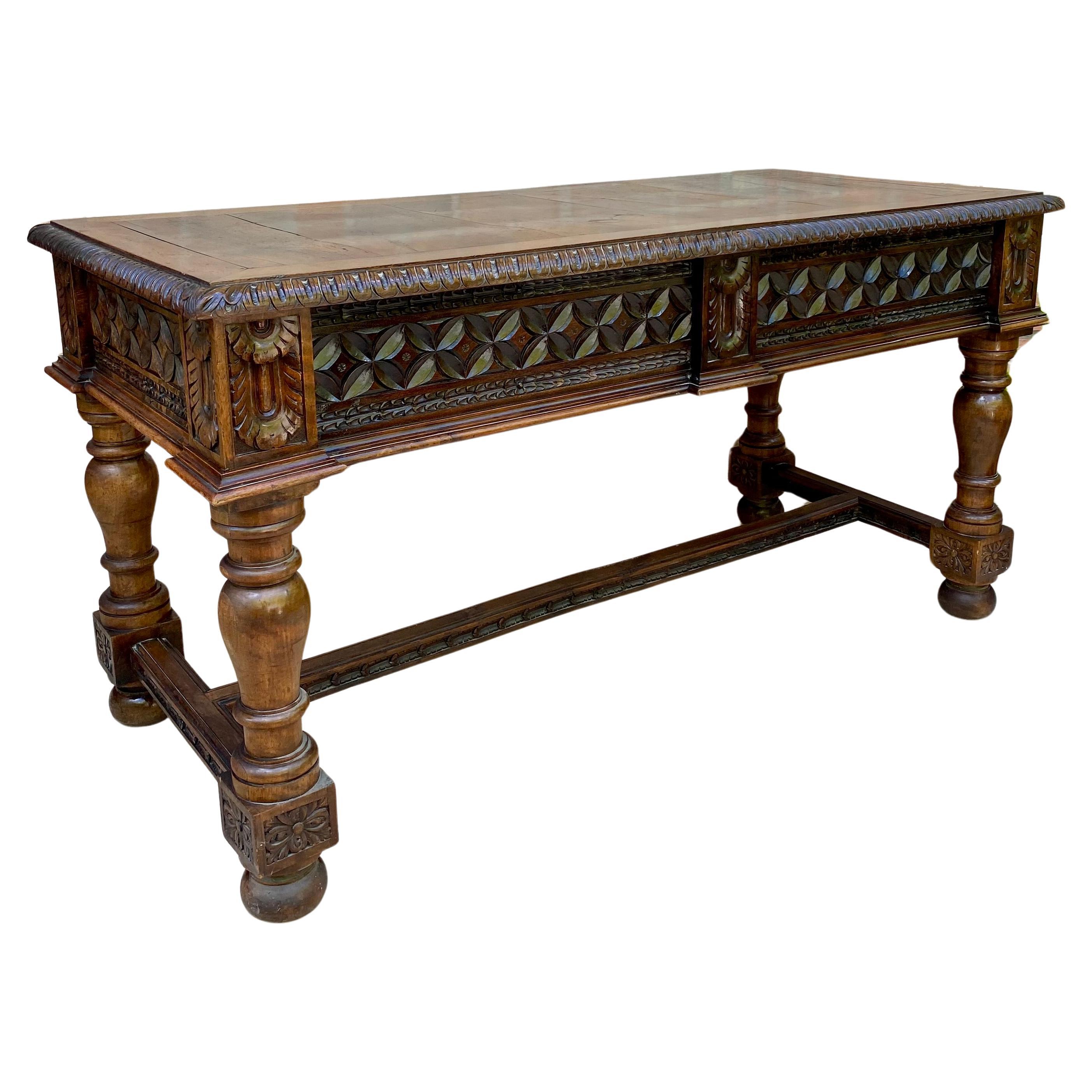 19th Century Spanish Walnut Desk with Two Drawers & Strong Legs, 1890s For Sale