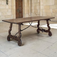 19th Century Spanish Walnut Dining Table with Wrought Iron
