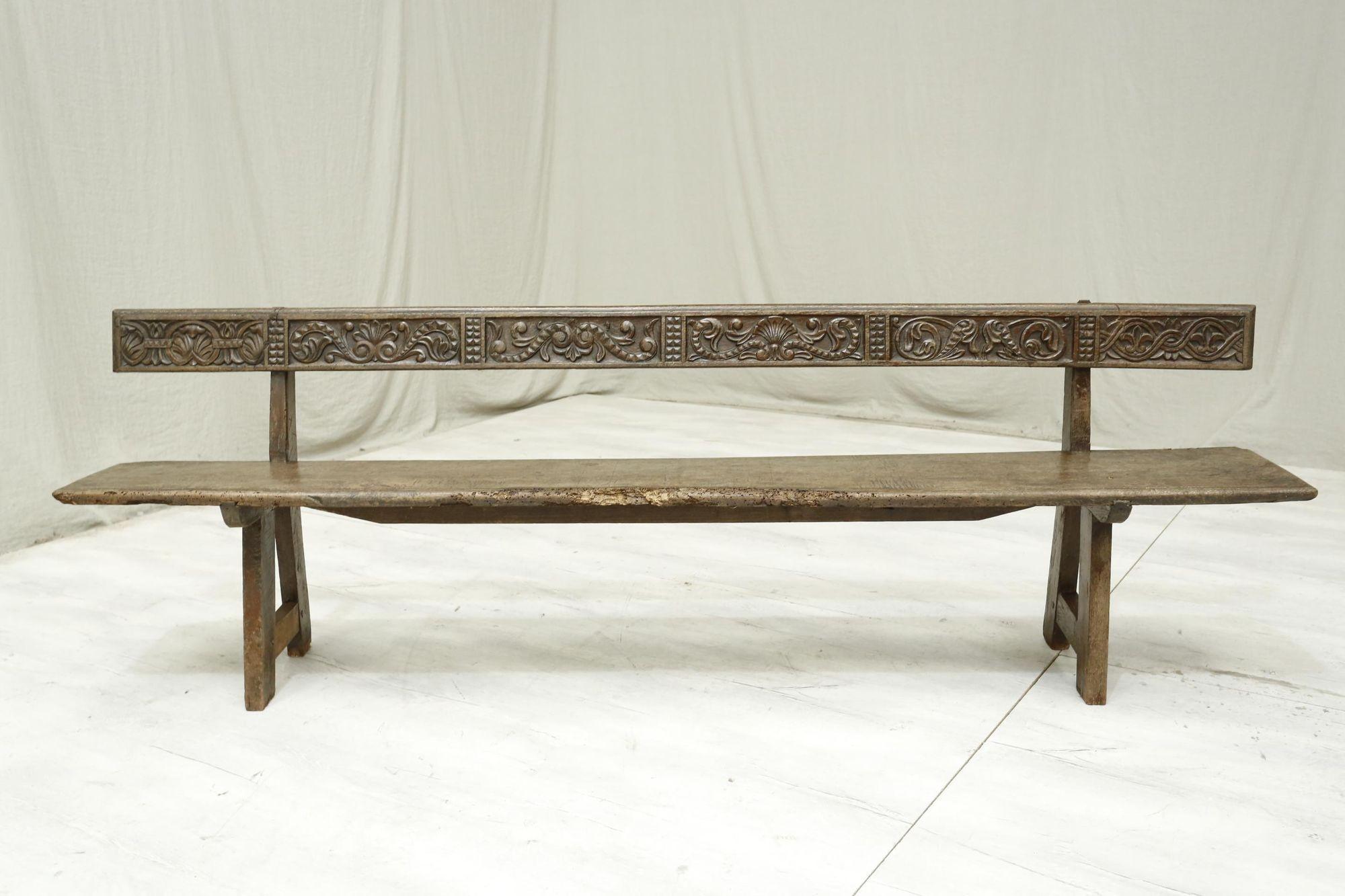 19th Century Spanish Walnut Hall Bench with Carved Back 7