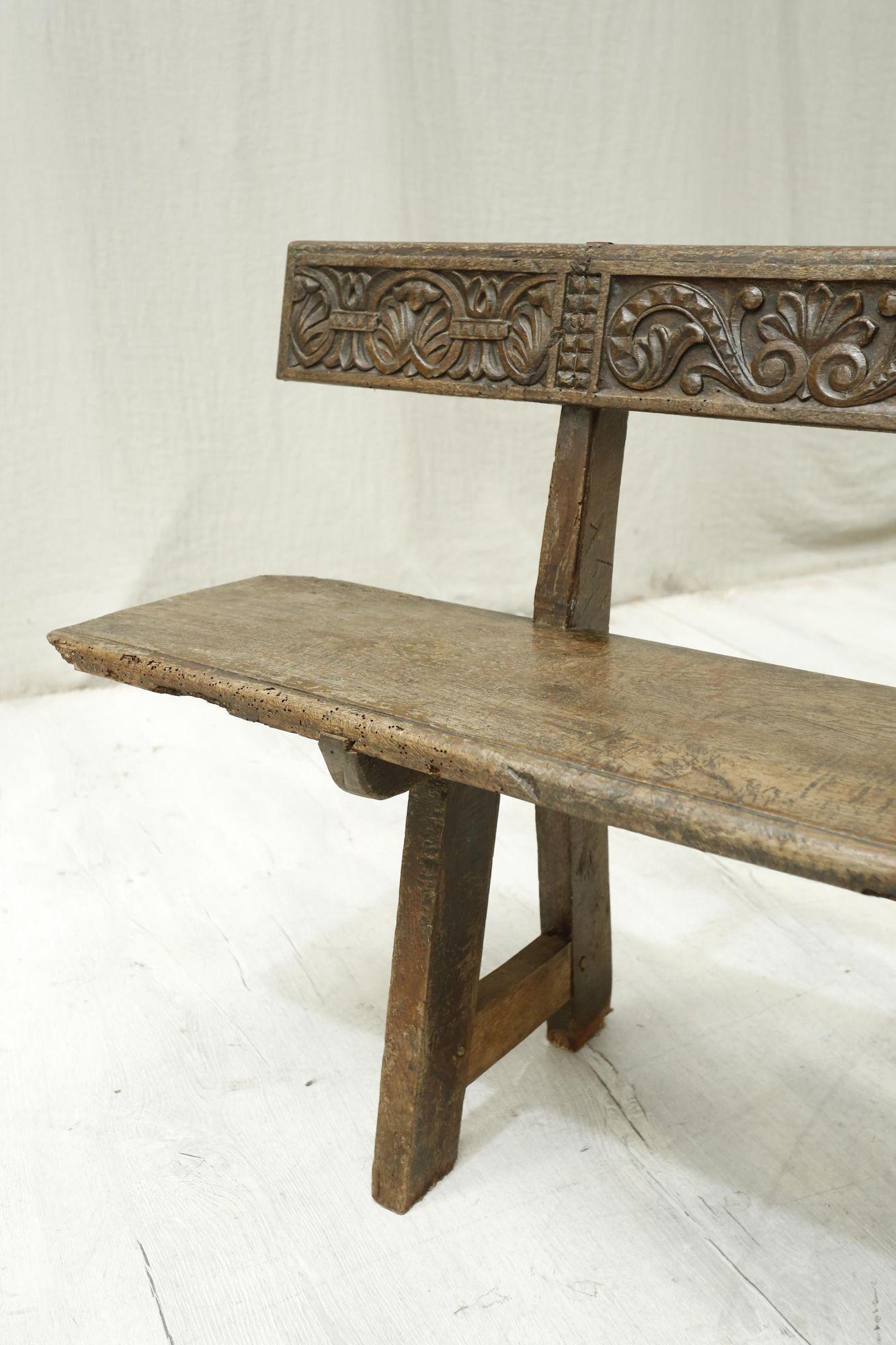 19th Century Spanish Walnut Hall Bench with Carved Back 1