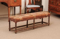 19th Century Spanish Walnut Long Bench with Leather Upholstery, Turned Legs