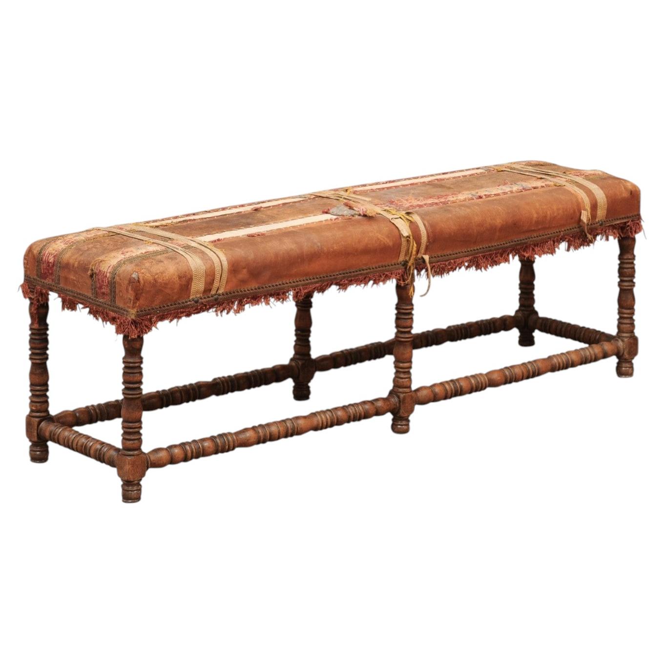 19th Century Spanish Walnut Long Bench with Leather Upholstery, Turned Legs For Sale