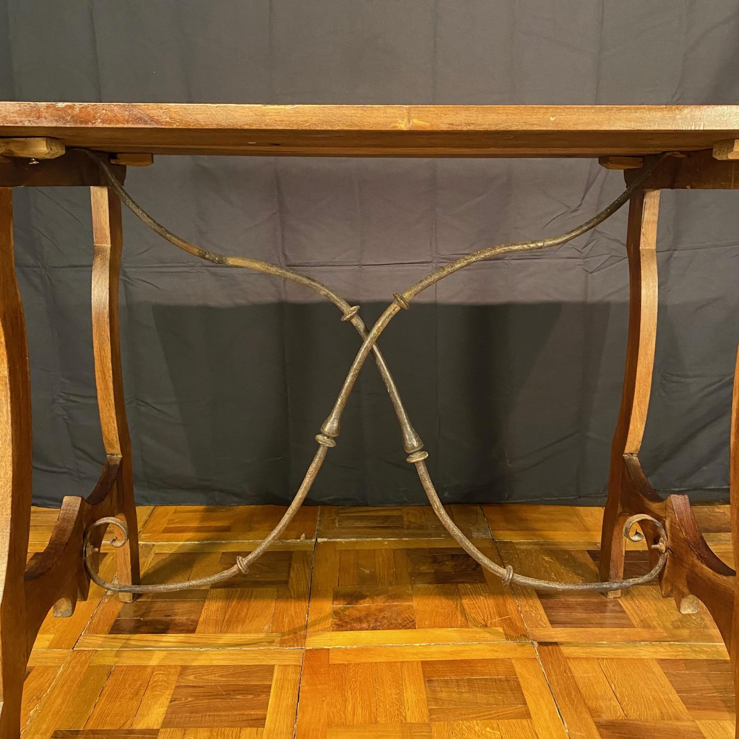 19th Century Spanish Walnut Lyre Leg Fratina Trestle Console Table For Sale 3