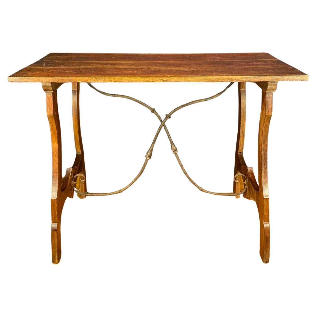 19th Century Spanish Walnut Lyre Leg Fratina Trestle Console Table For Sale