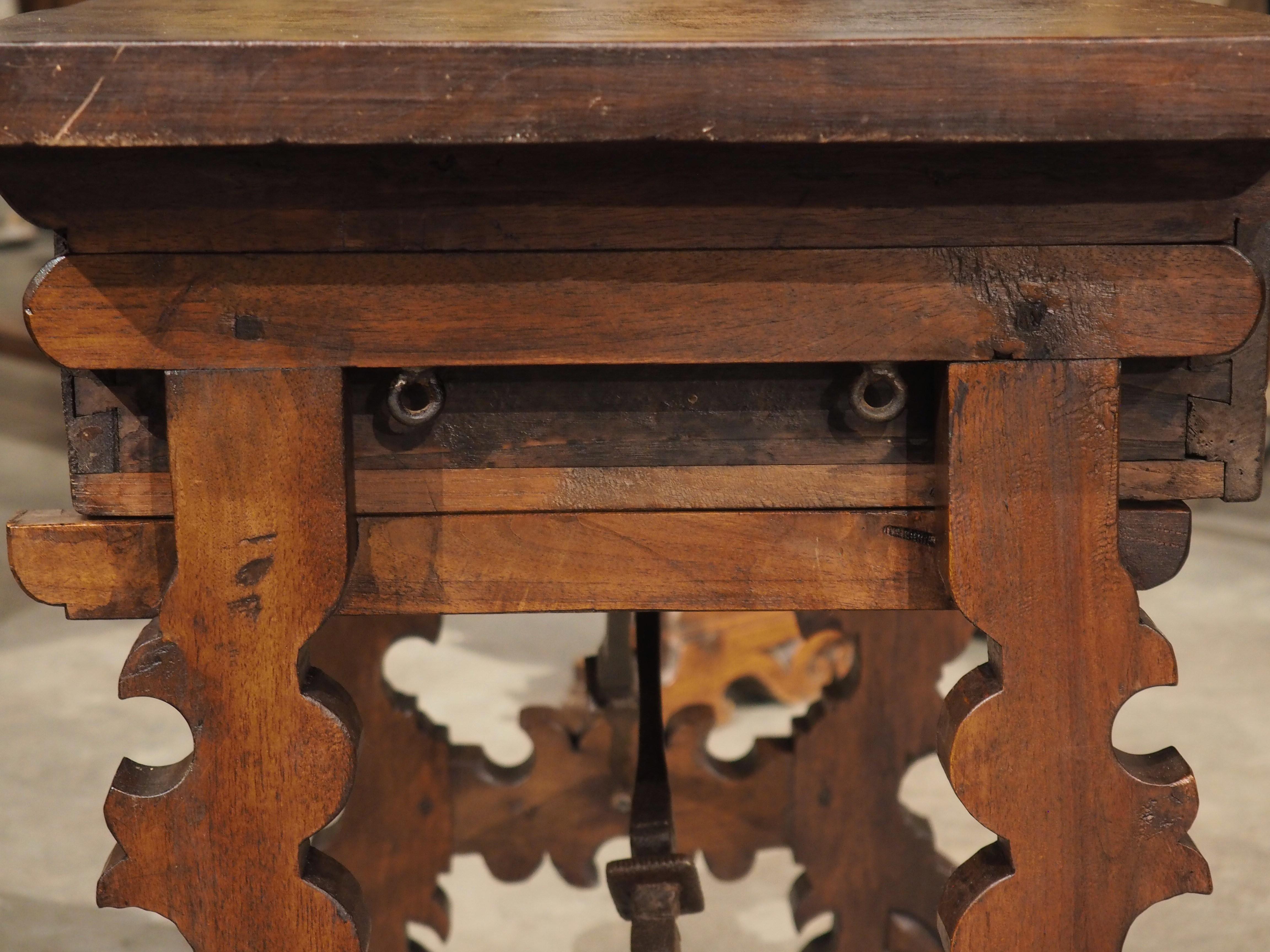 19th Century Spanish Walnut Side Table with Diamond Point Drawer, Iron Stretcher 5