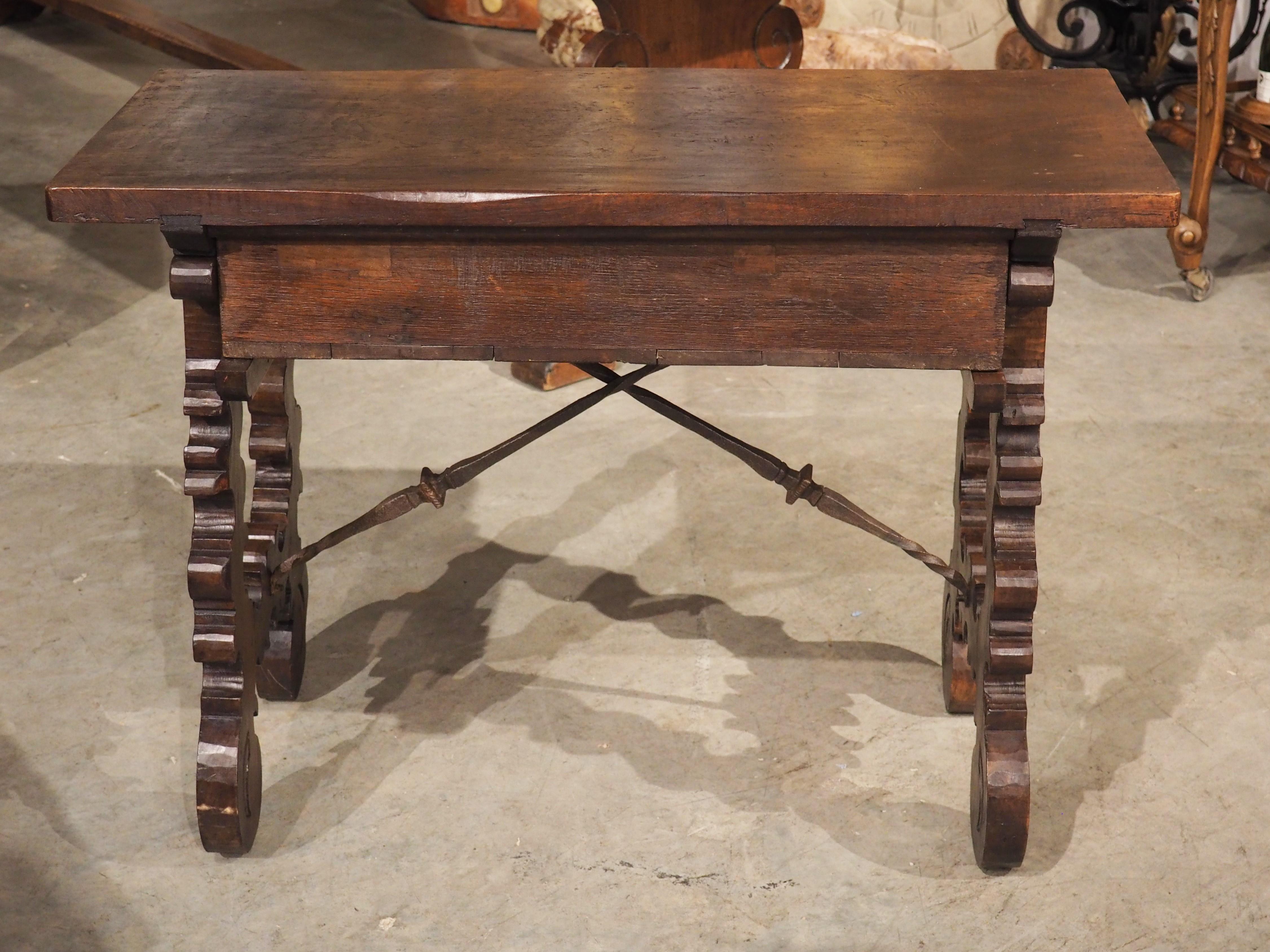 19th Century Spanish Walnut Side Table with Diamond Point Drawer, Iron Stretcher 7