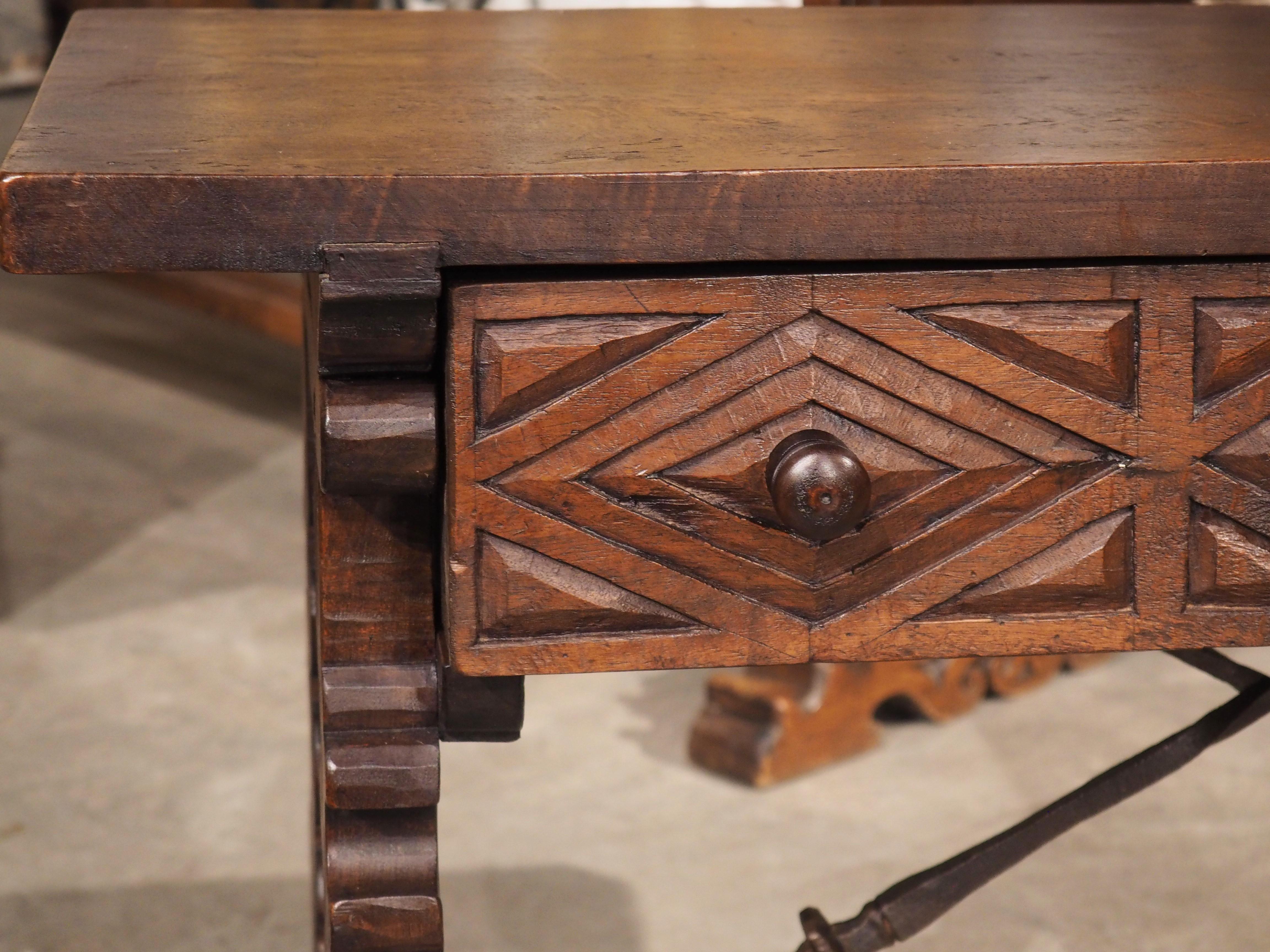 19th Century Spanish Walnut Side Table with Diamond Point Drawer, Iron Stretcher In Good Condition In Dallas, TX
