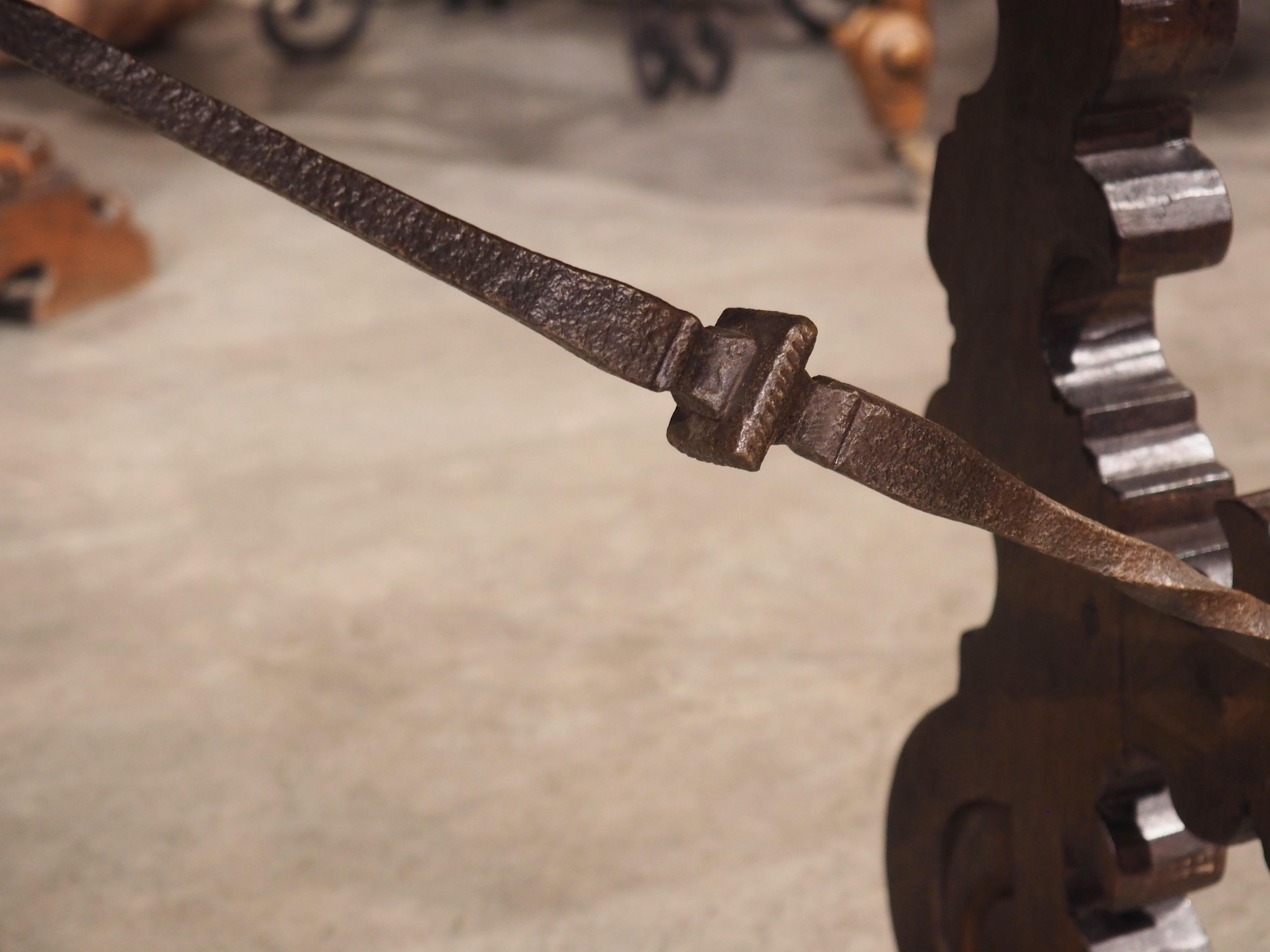 19th Century Spanish Walnut Side Table with Diamond Point Drawer, Iron Stretcher 1