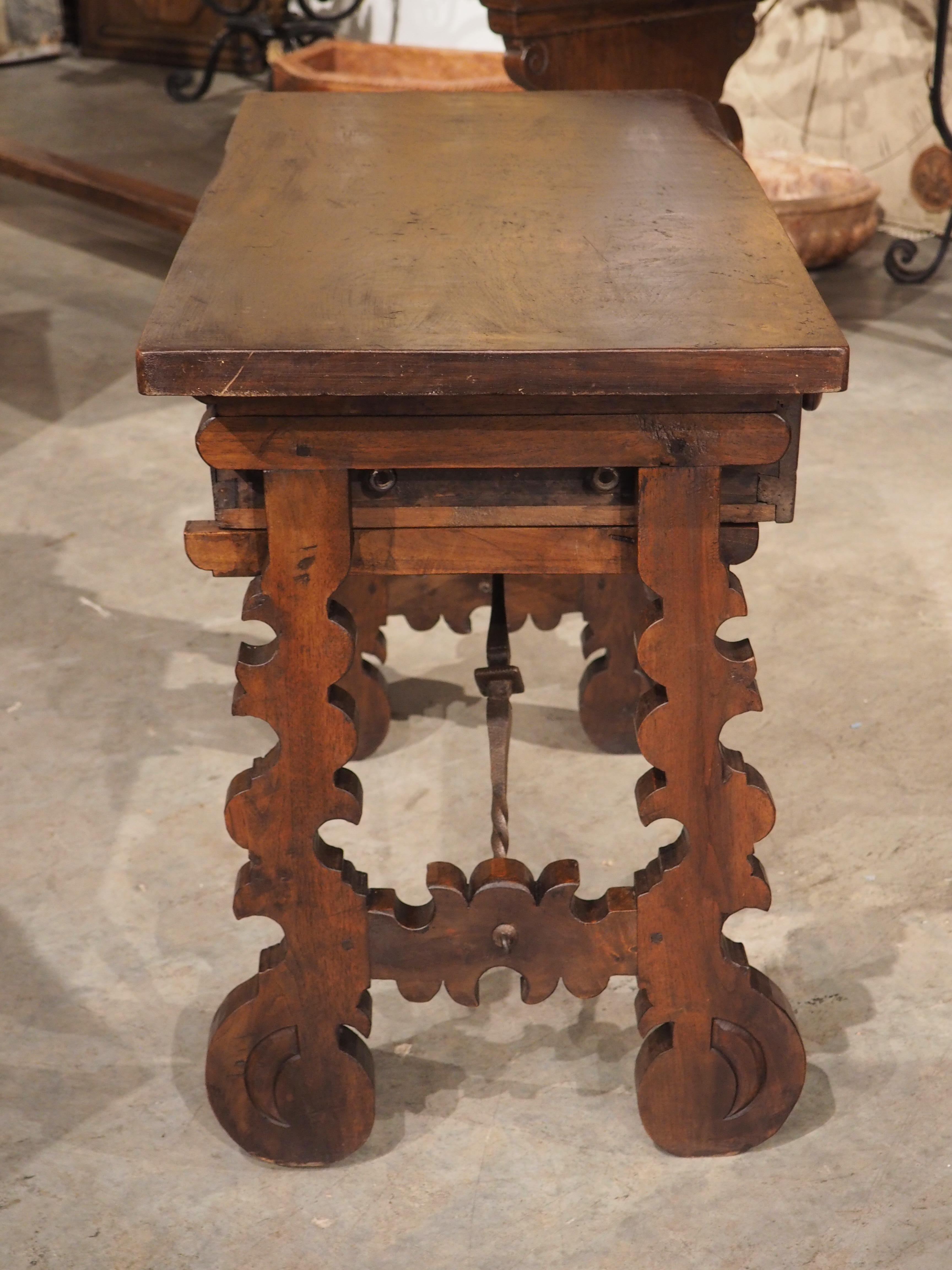 19th Century Spanish Walnut Side Table with Diamond Point Drawer, Iron Stretcher 3