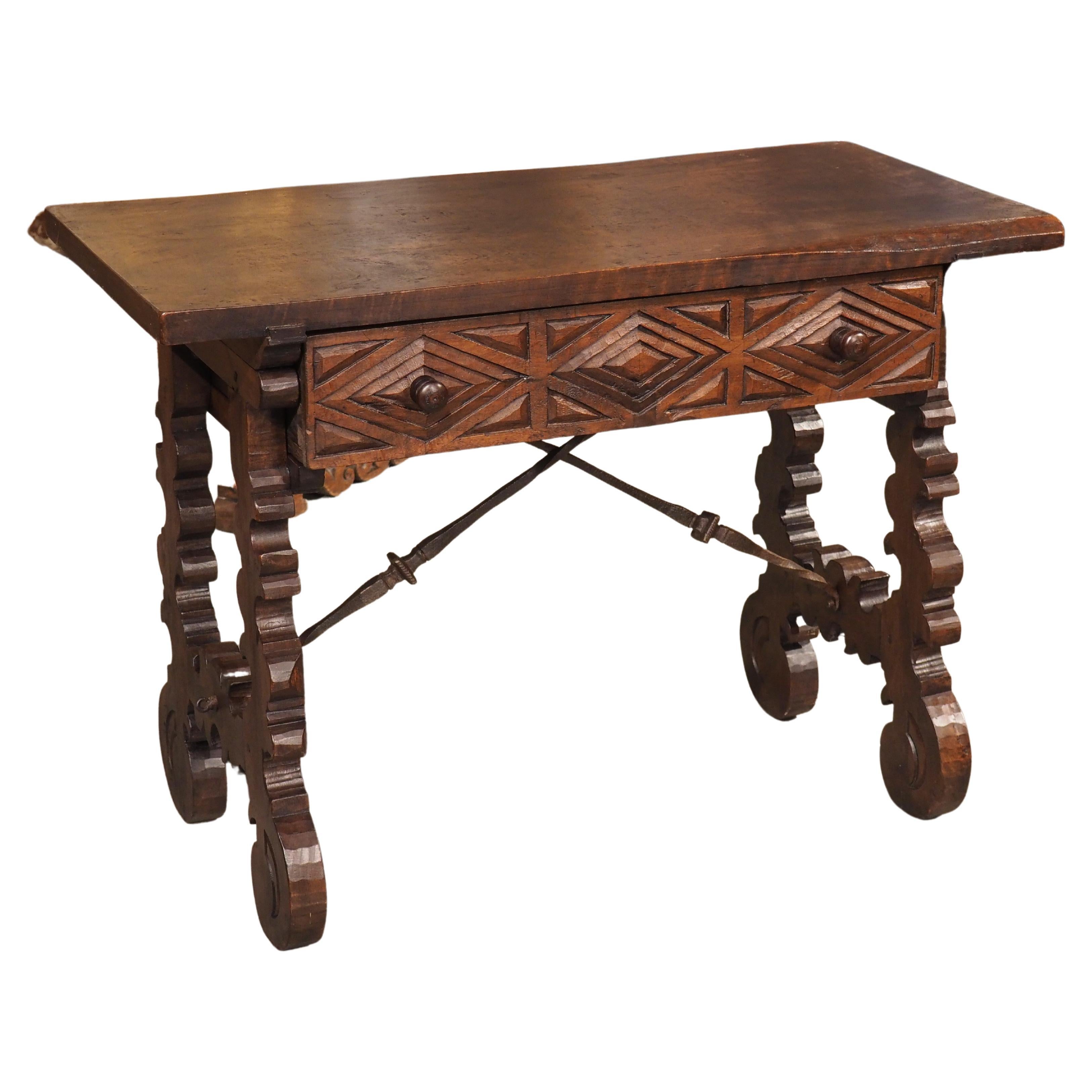 19th Century Spanish Walnut Side Table with Diamond Point Drawer, Iron Stretcher