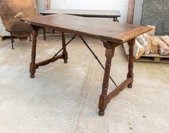 19th Century Spanish Walnut Table with Iron Crossbeams