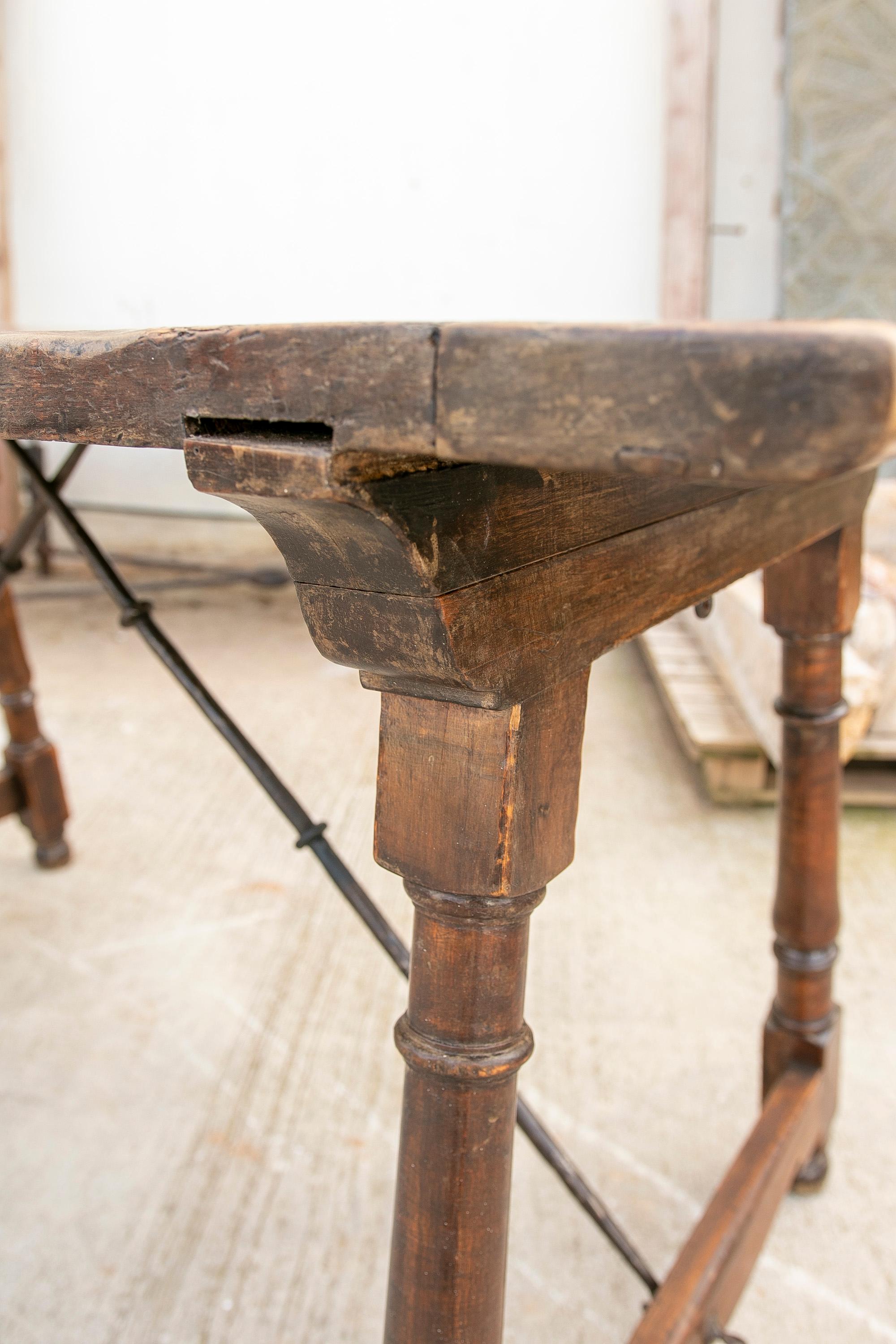 Wood 19th Century Spanish Walnut Table with Iron Crossbeams For Sale