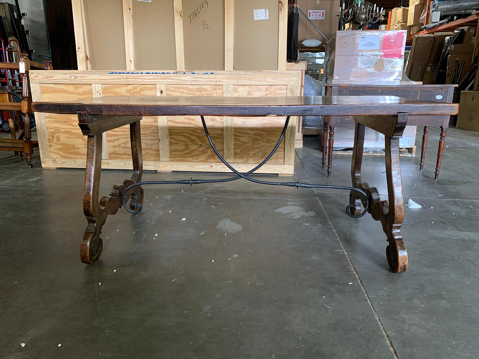 19th Century Spanish Walnut-Top Trestle Table with Iron Stretcher, circa 1860 2