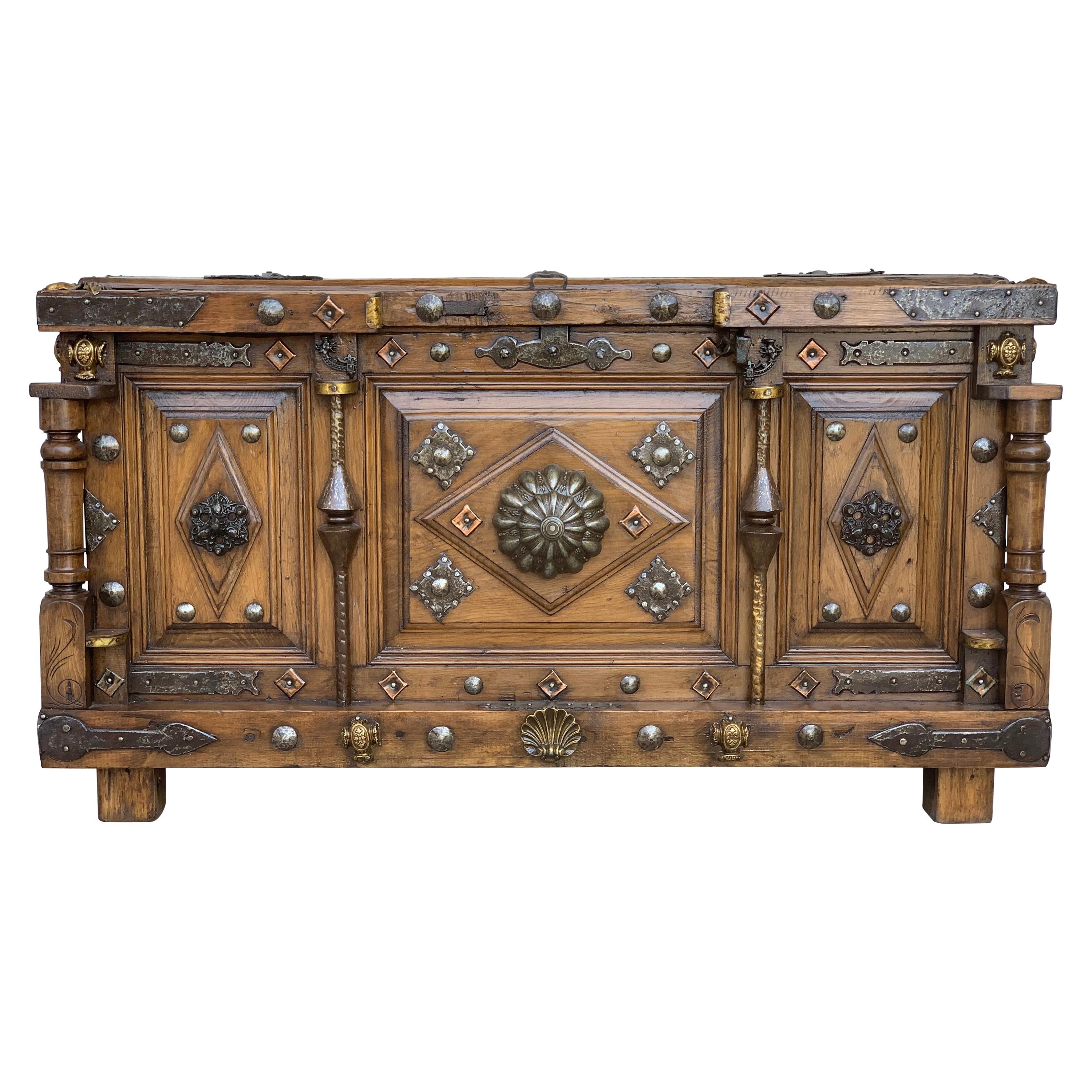19th Century Spanish Walnut Trunk with Bronze Mounts and Decorative Nails