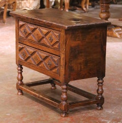 19th Century Spanish Walnut Two-Drawer Chest with Diamond-Pattern Carving