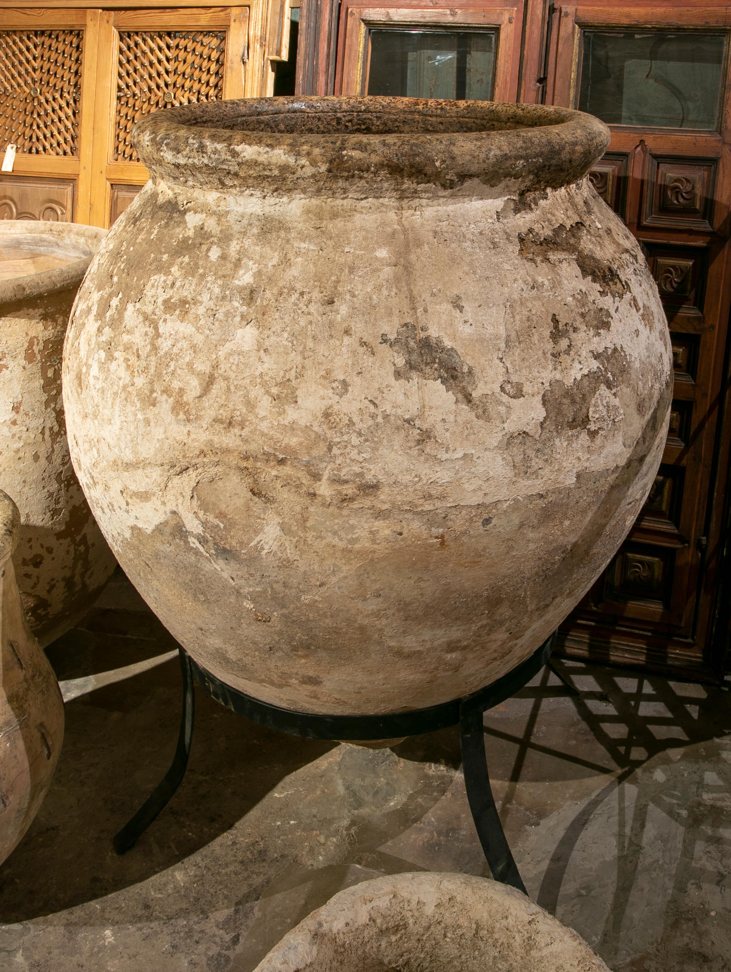 19th Century Spanish whitewashed ceramic large jar.