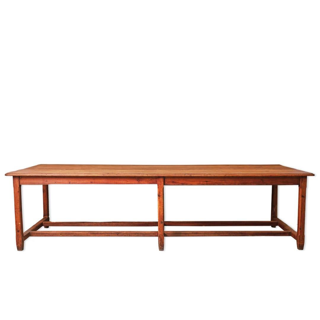 Beautiful 19th century wood farm table from Spain. Rectangular top and six wood legs. Original finish shows great age and patina. Perfect as dining table or library table. 