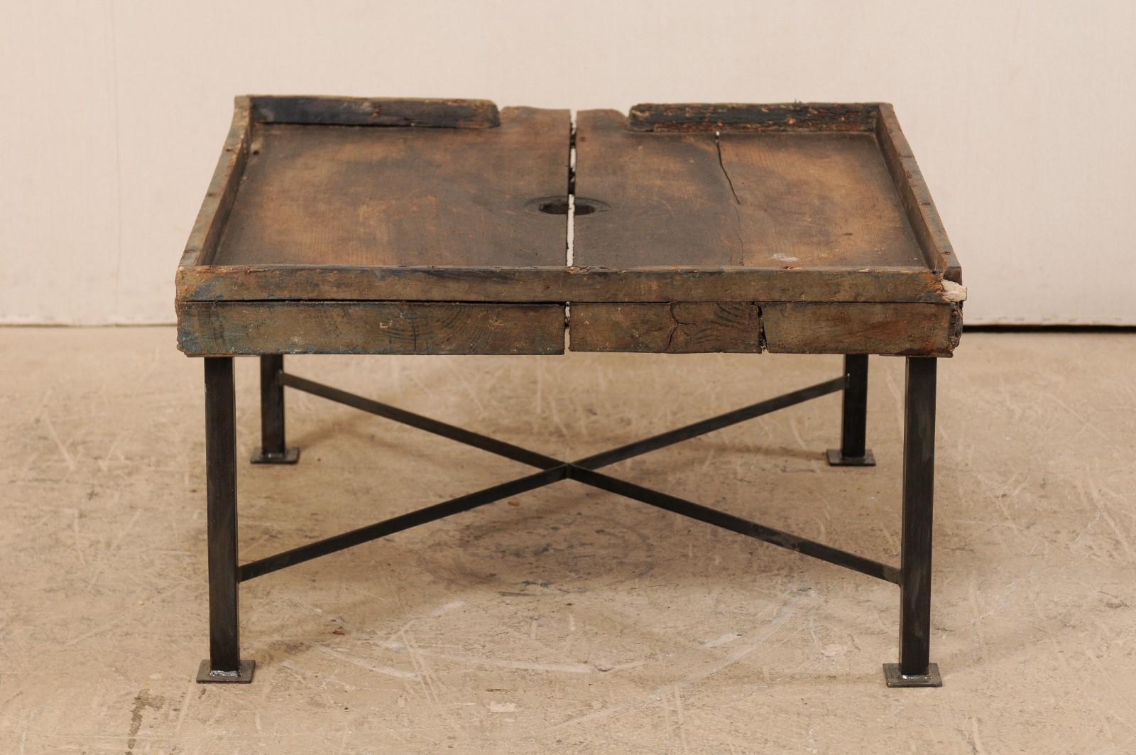 19th Century Spanish Wood Olive Trough Coffee Table with Modern Metal Base 5