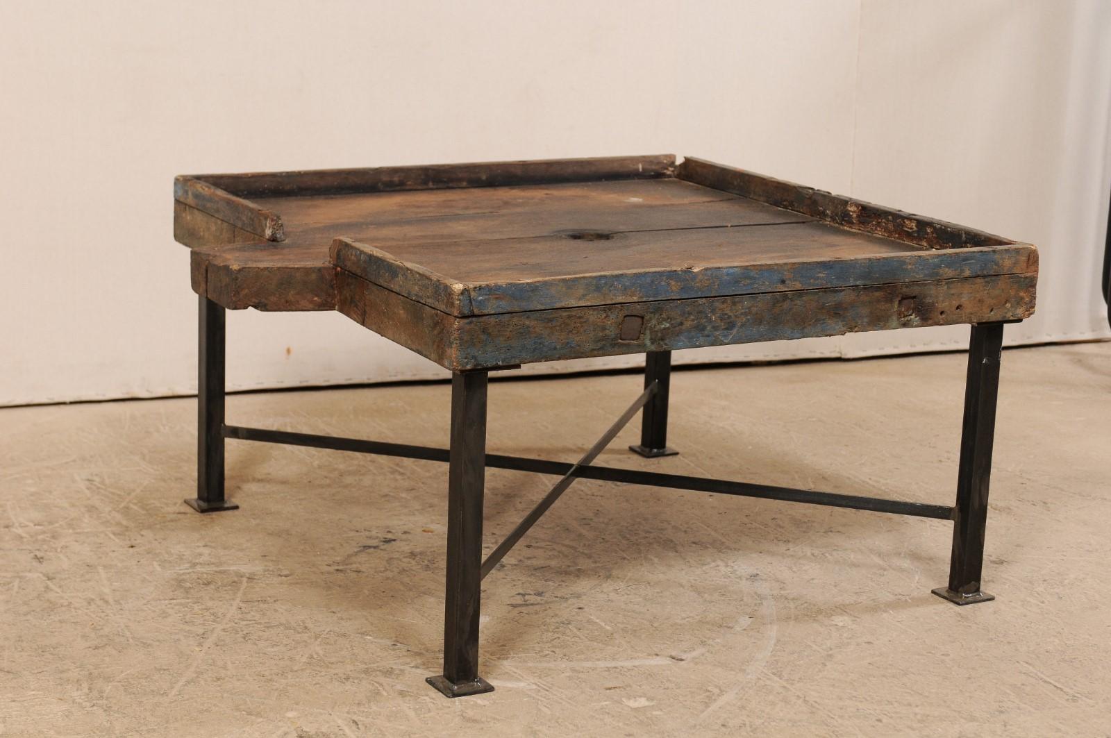 Rustic 19th Century Spanish Wood Olive Trough Coffee Table with Modern Metal Base