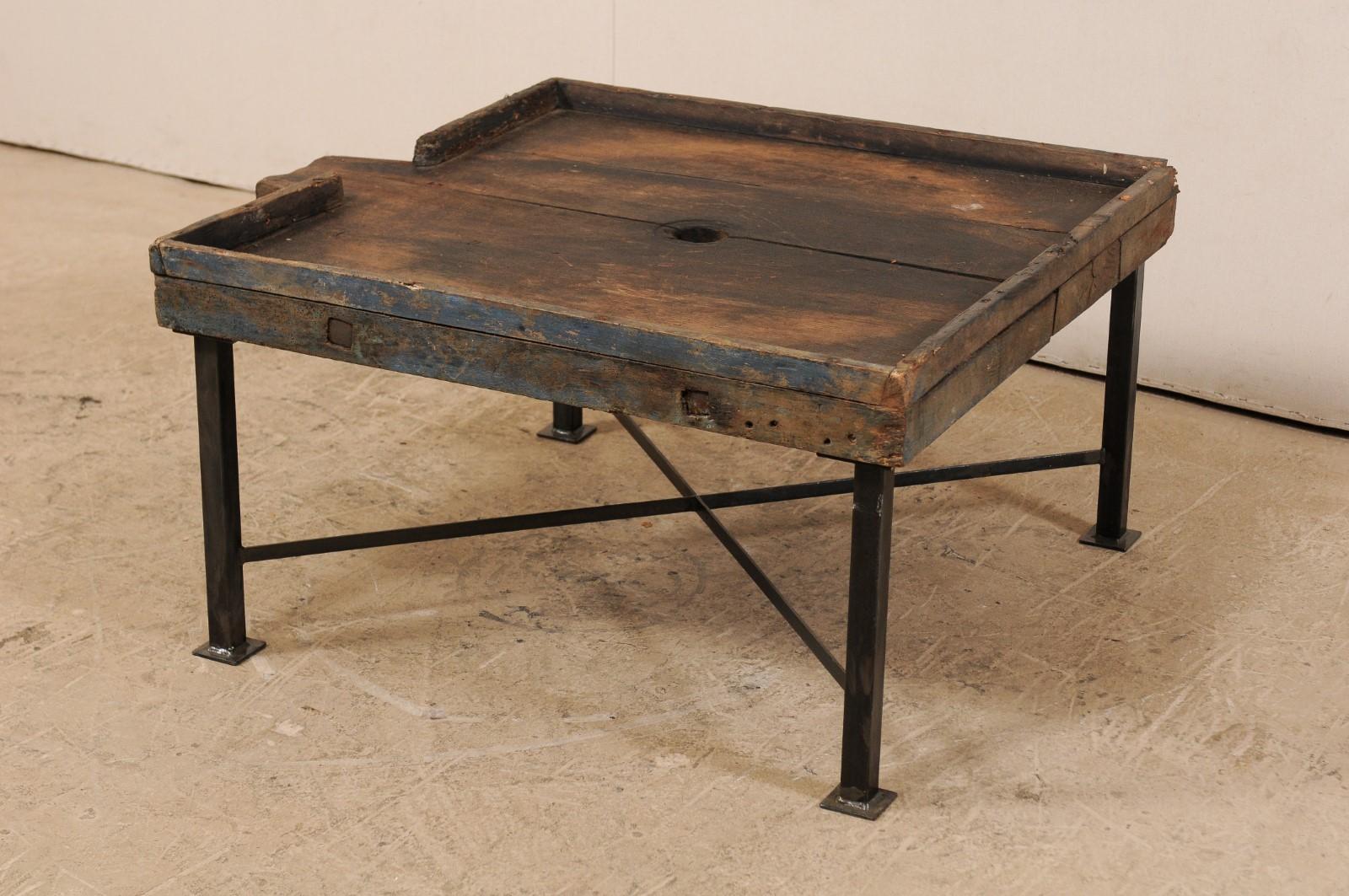 Carved 19th Century Spanish Wood Olive Trough Coffee Table with Modern Metal Base