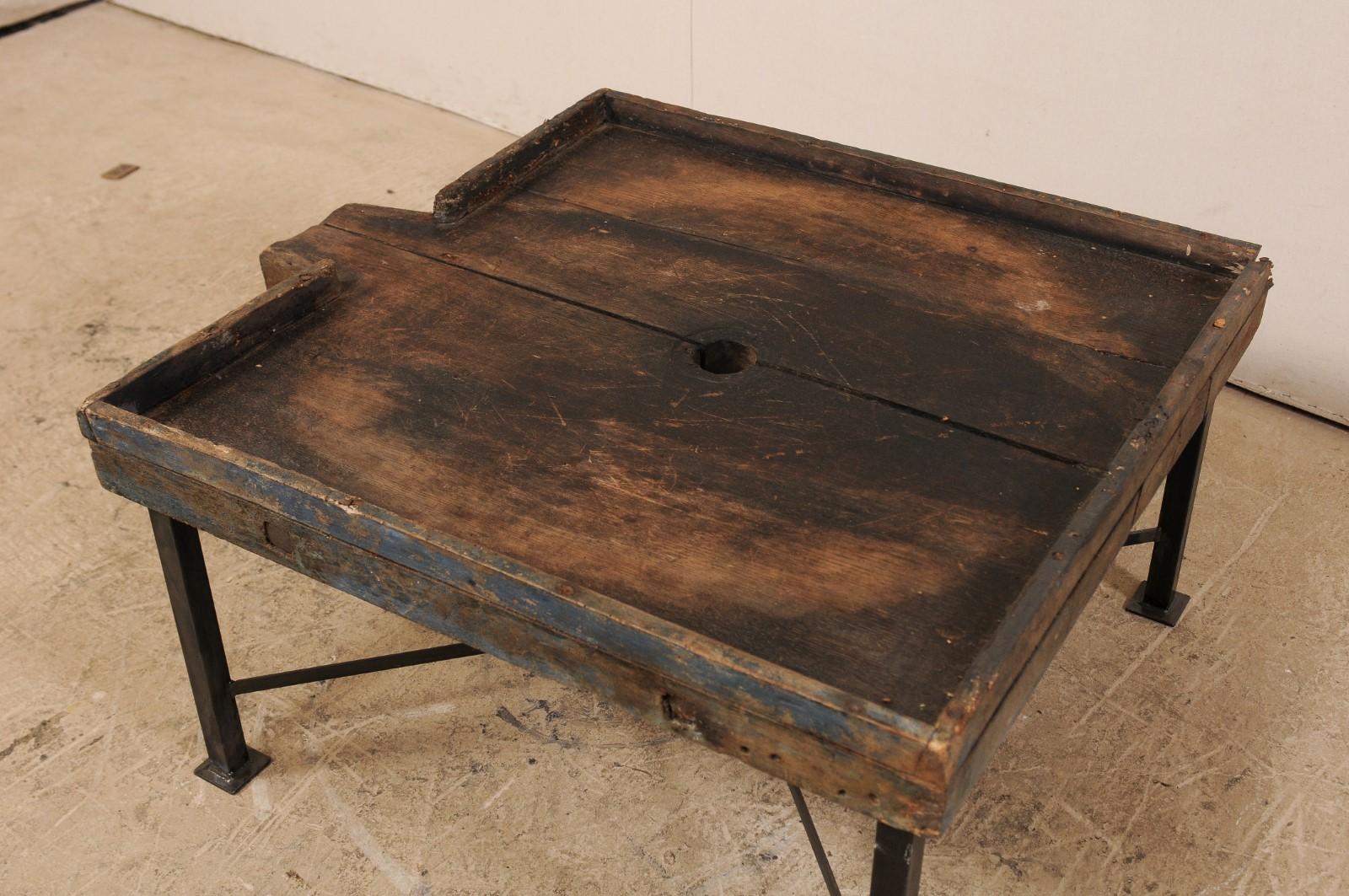 19th Century Spanish Wood Olive Trough Coffee Table with Modern Metal Base 1