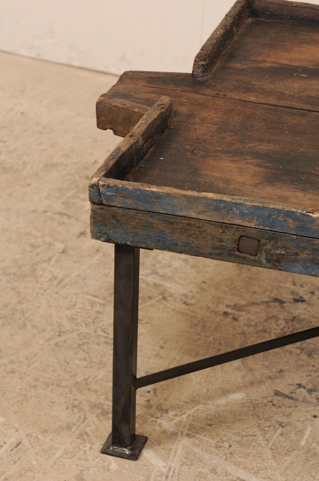 19th Century Spanish Wood Olive Trough Coffee Table with Modern Metal Base 2