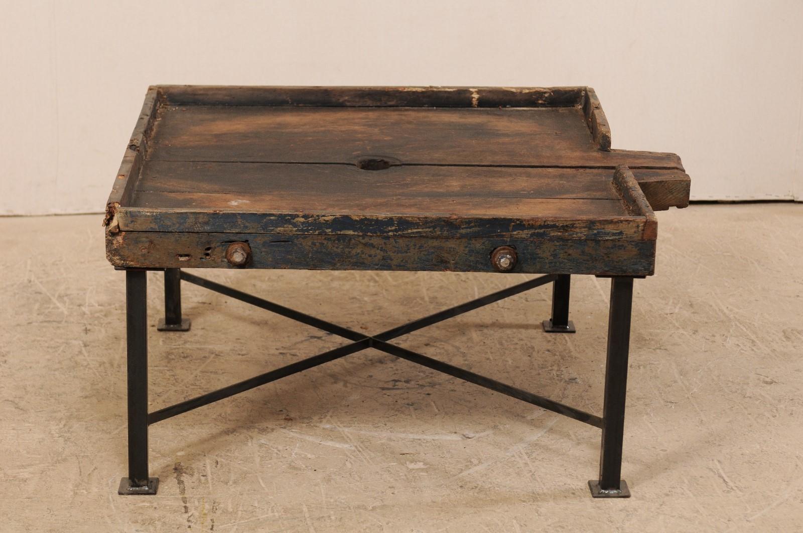 19th Century Spanish Wood Olive Trough Coffee Table with Modern Metal Base 3