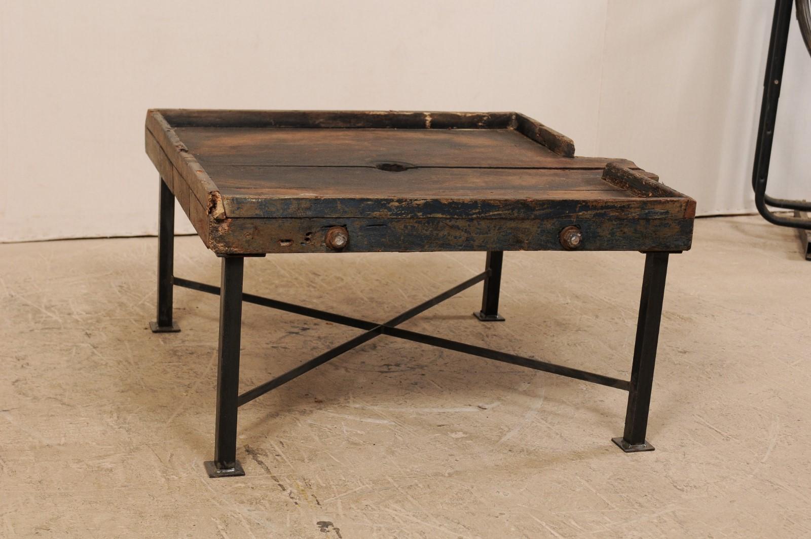 19th Century Spanish Wood Olive Trough Coffee Table with Modern Metal Base 4