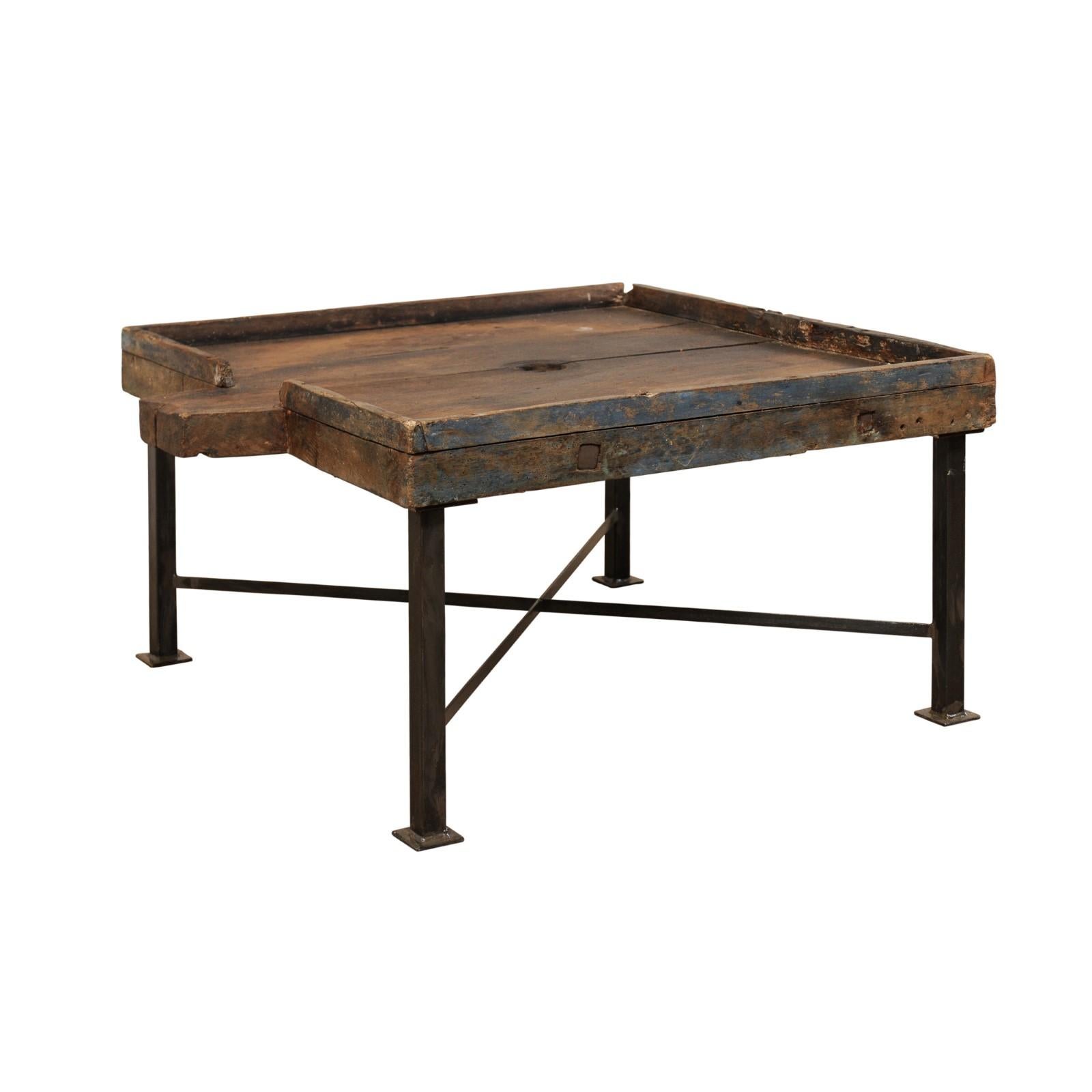 19th Century Spanish Wood Olive Trough Coffee Table with Modern Metal Base