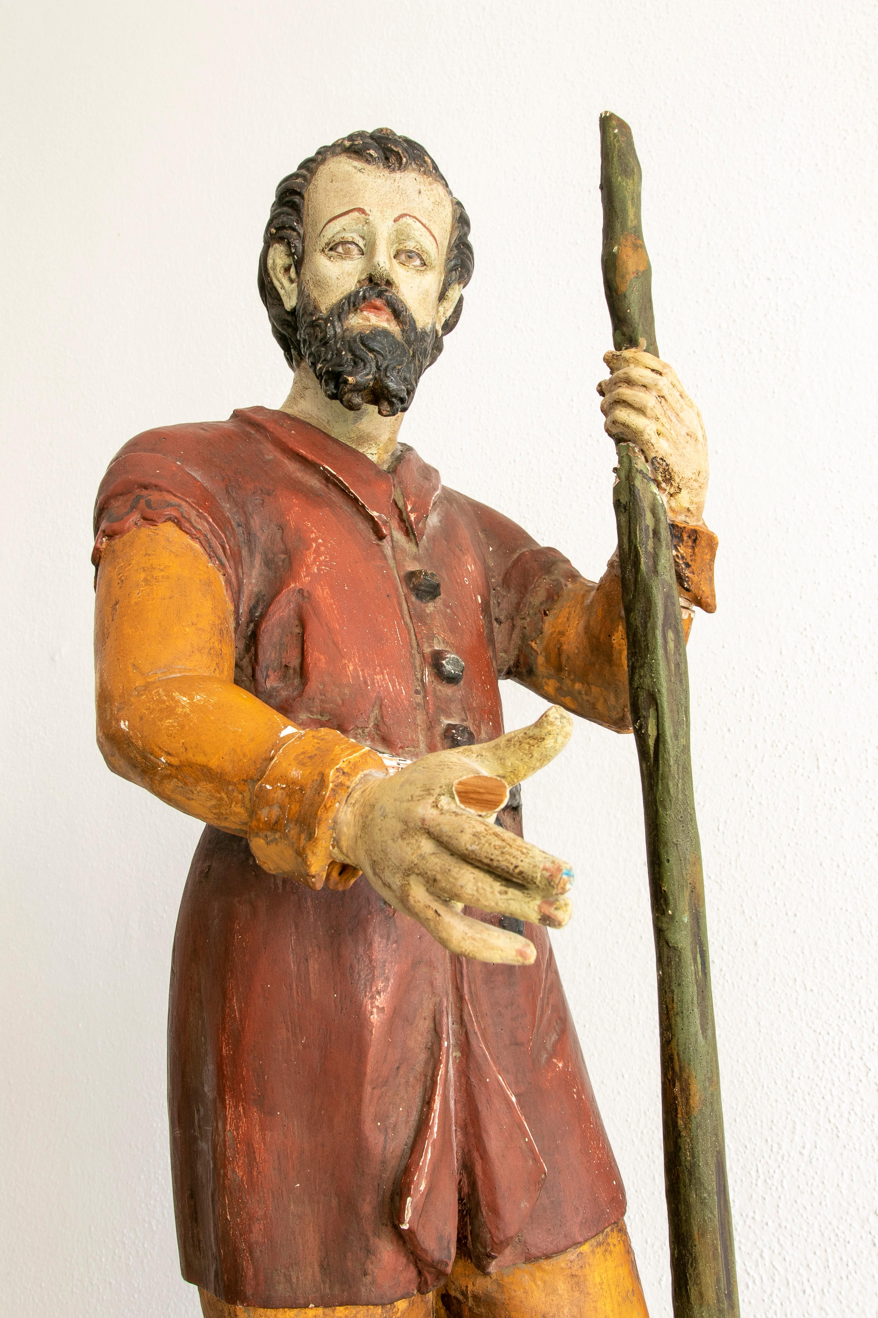 19th Century Spanish Wooden Painted Figure Sculpture of a Saint Holding a Stick For Sale 7