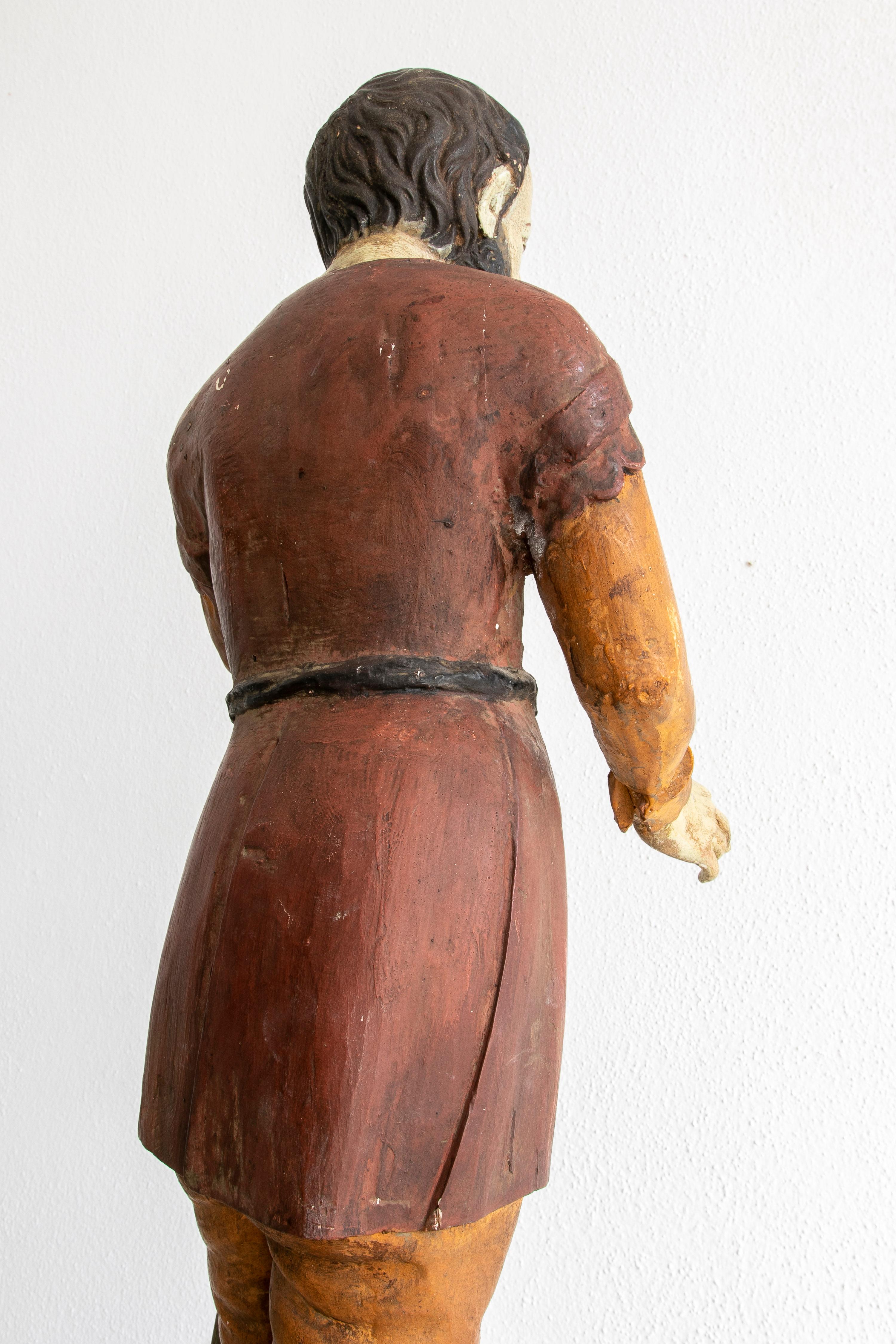 19th Century Spanish Wooden Painted Figure Sculpture of a Saint Holding a Stick For Sale 10